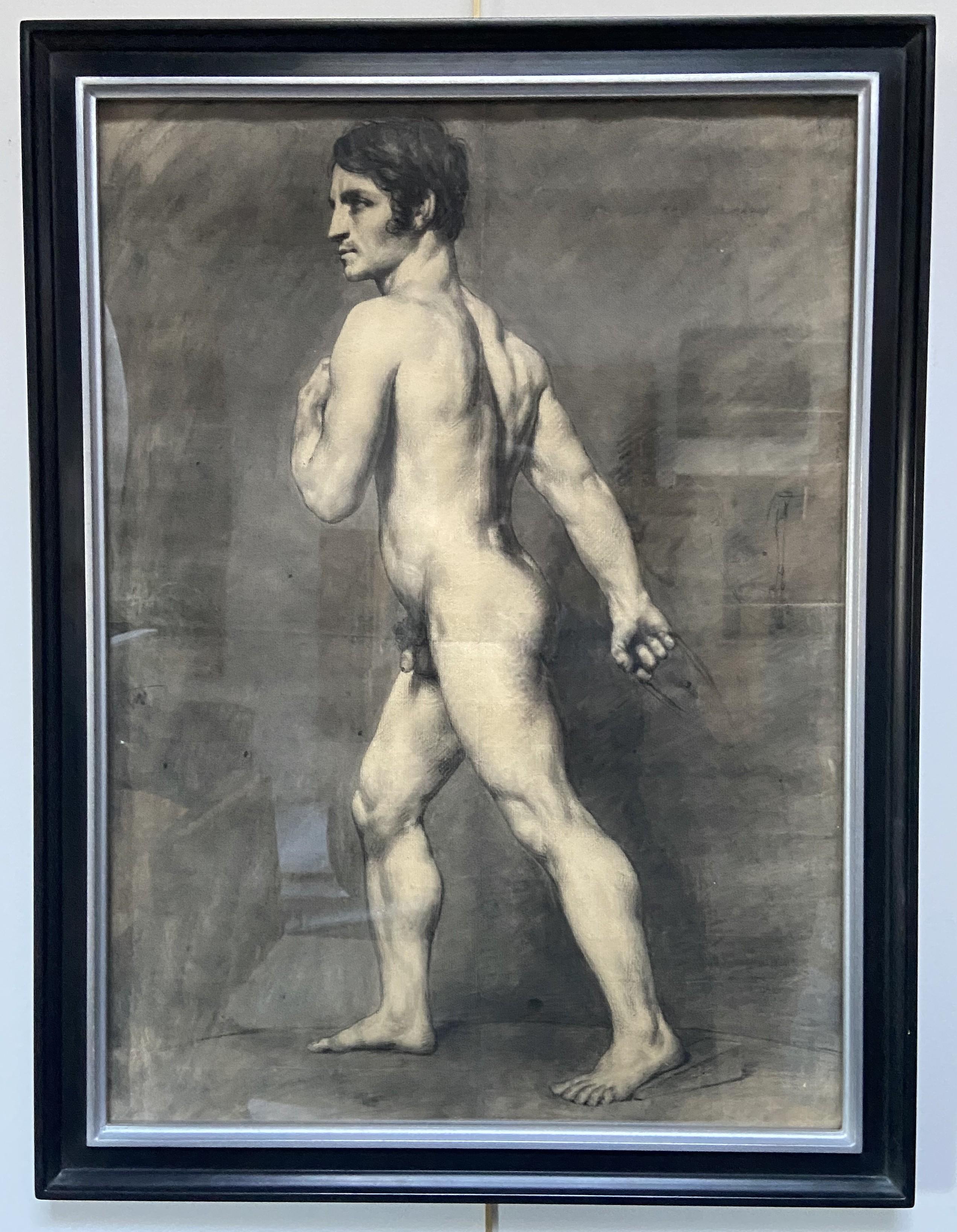 École française du XIXe siècle, Académie d'Homme, Homme nu debout, dessin - Art de Unknown