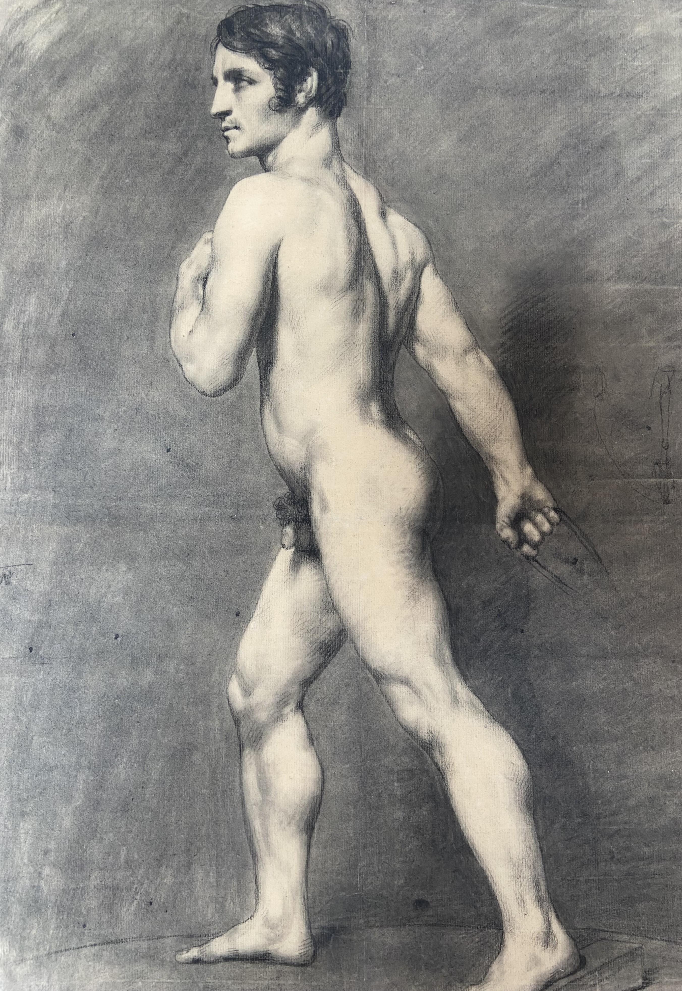 École française du XIXe siècle, Académie d'Homme, Homme nu debout, dessin - Gris Figurative Art par Unknown