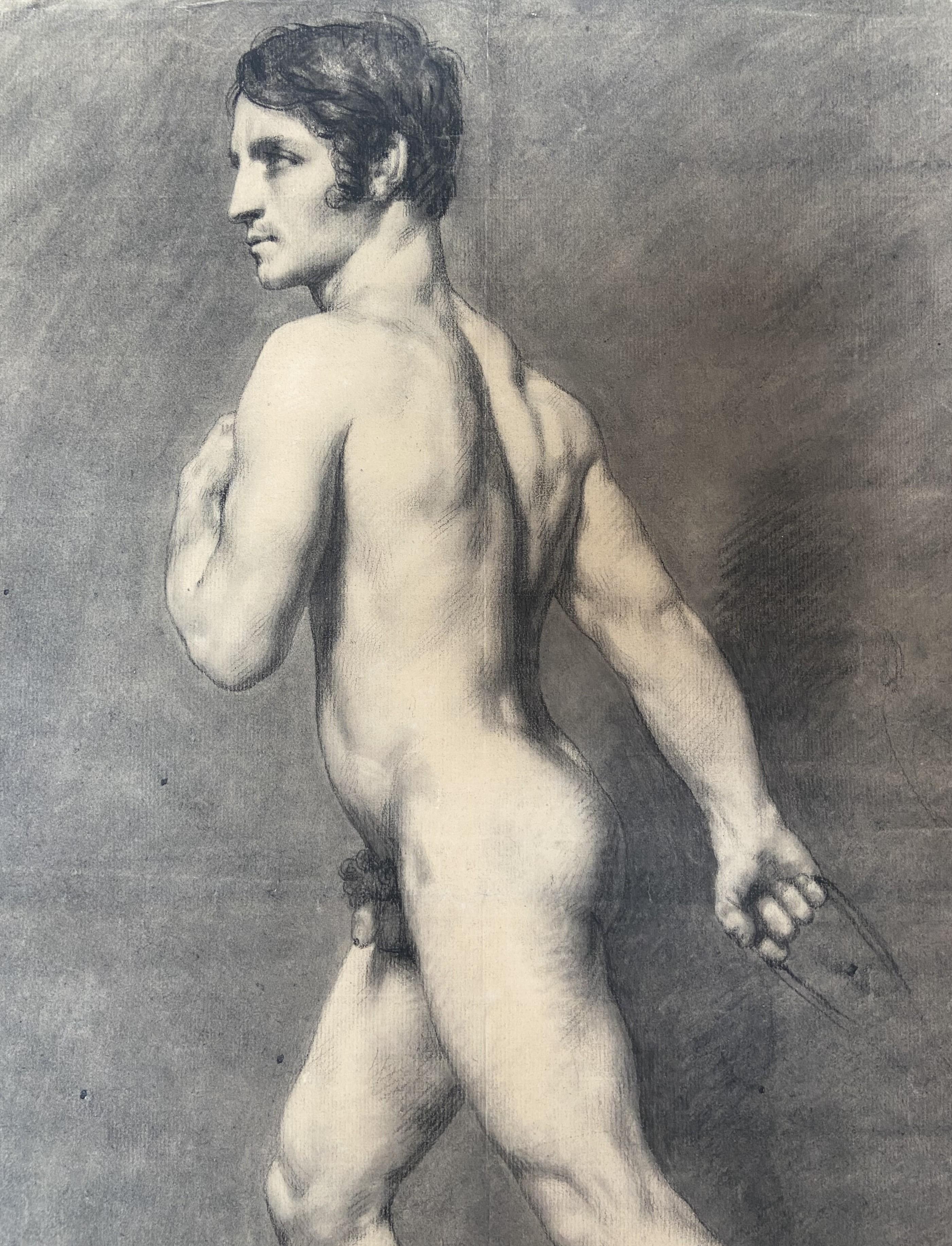 École française du 19e siècle, 
Académie d'Homme, Un homme nu debout, 
fusain sur papier
58 x 42 cm
Encadré : 66 x 50 cm
En assez bon état, avec des plis visibles au milieu sur toute la hauteur et la largeur.

L'étude du nu d'après nature, ou