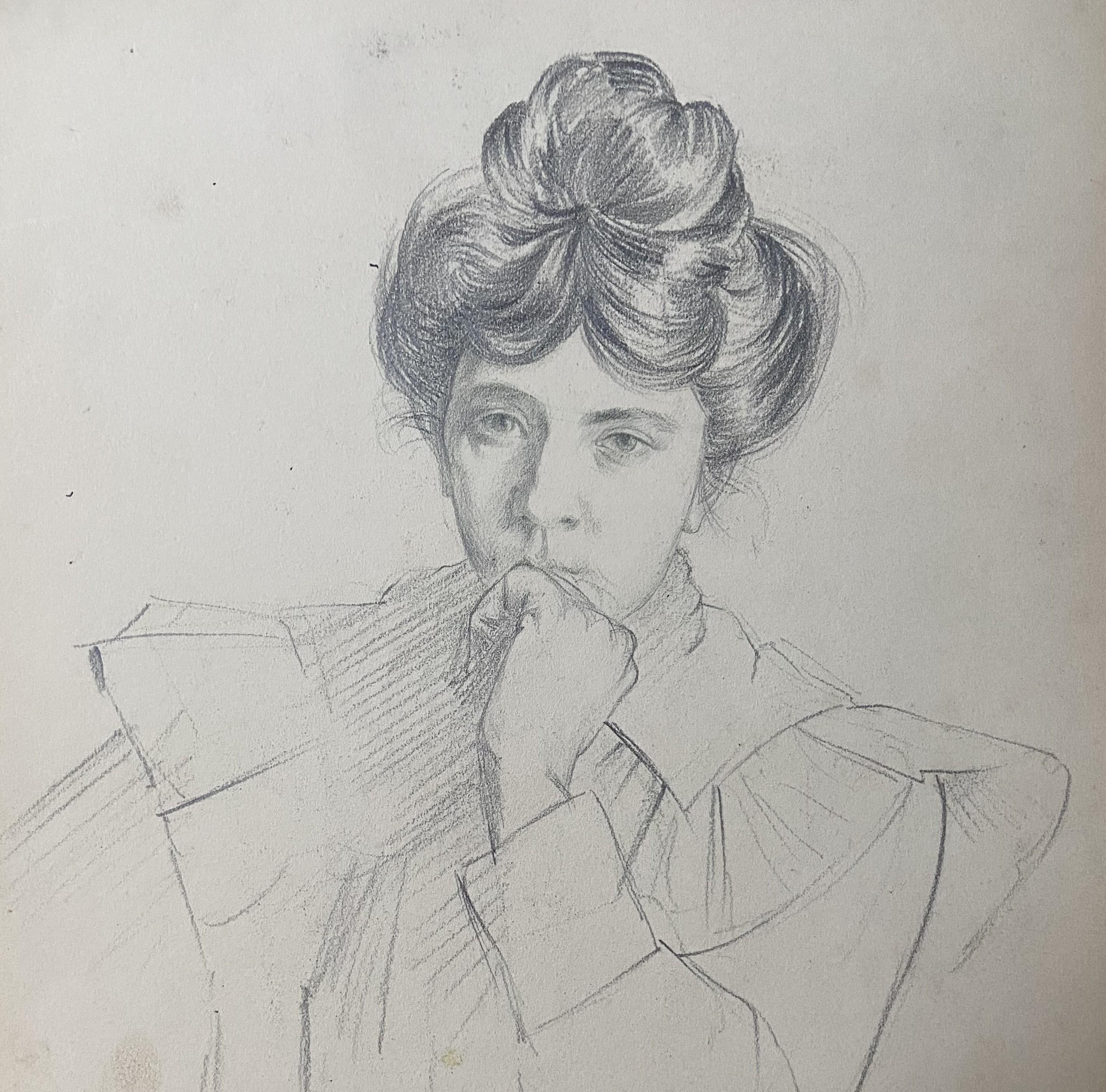 André Eugène Costilhes (1865-1940) A Pensive young woman, portrait drawing For Sale 2