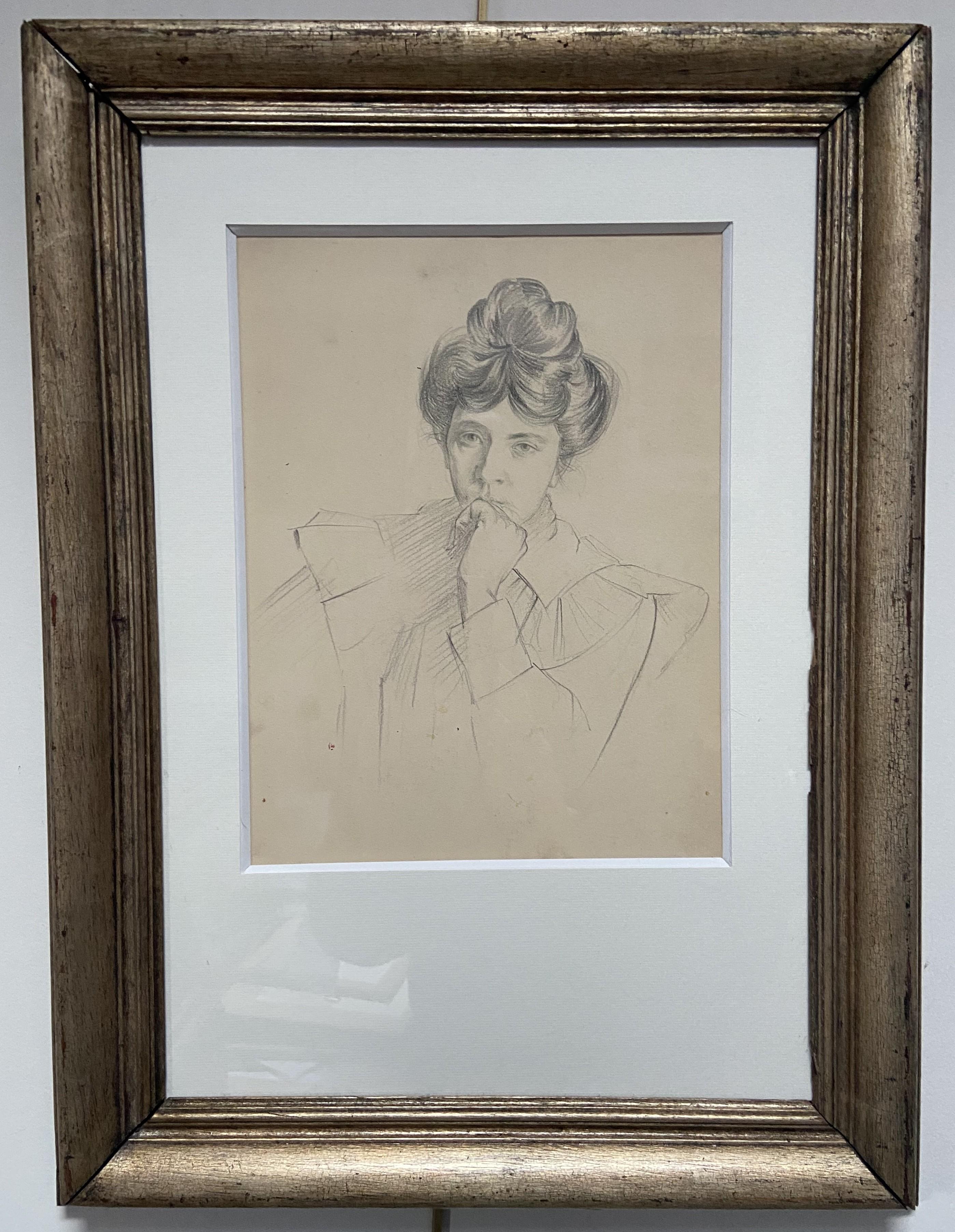 André Eugène Costilhes (1865-1940) A Pensive young woman, portrait drawing For Sale 1