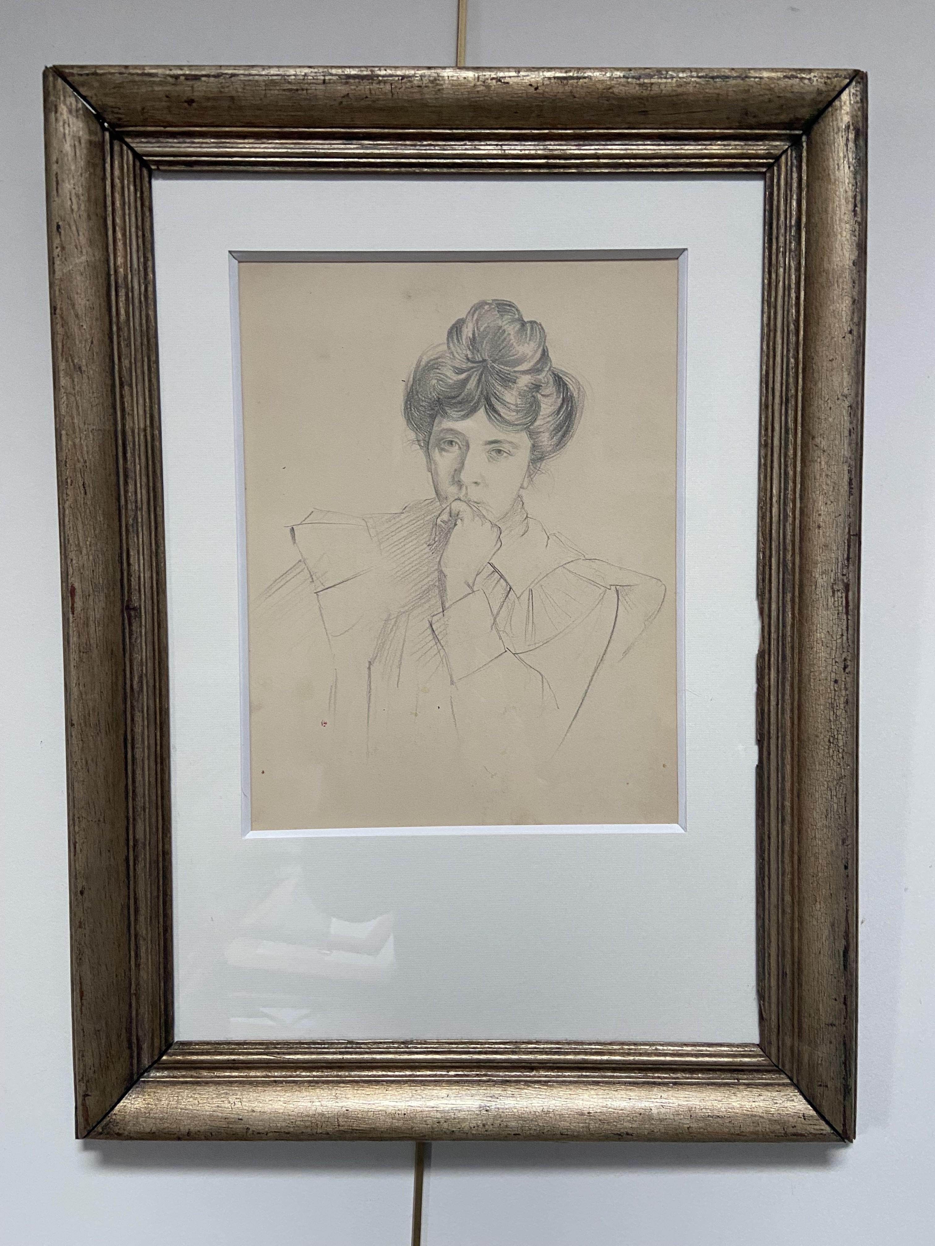 André Eugène Costilhes (1865-1940) A Pensive young woman, portrait drawing For Sale 5