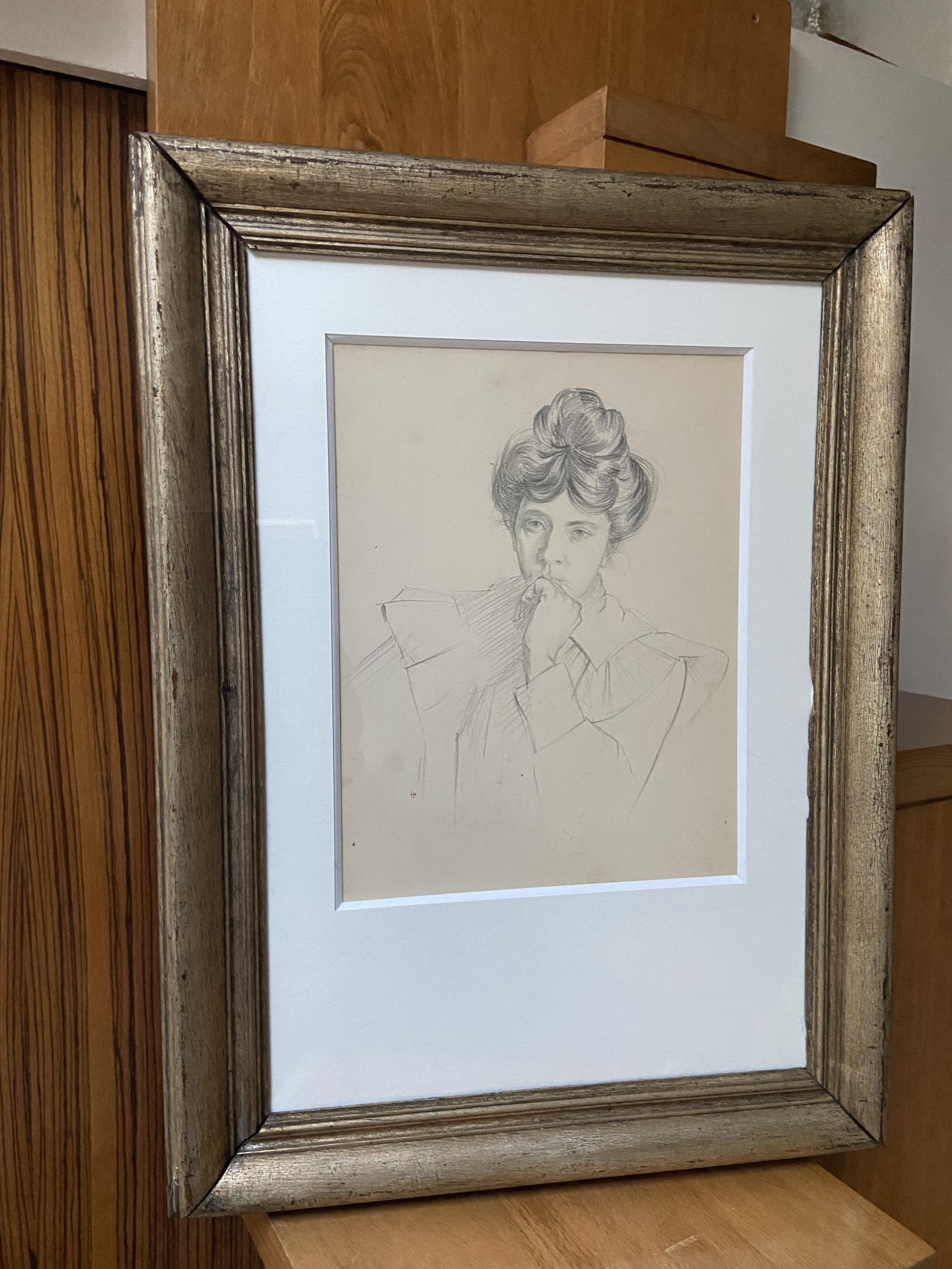 André Eugène Costilhes (1865-1940) A Pensive young woman, portrait drawing For Sale 7