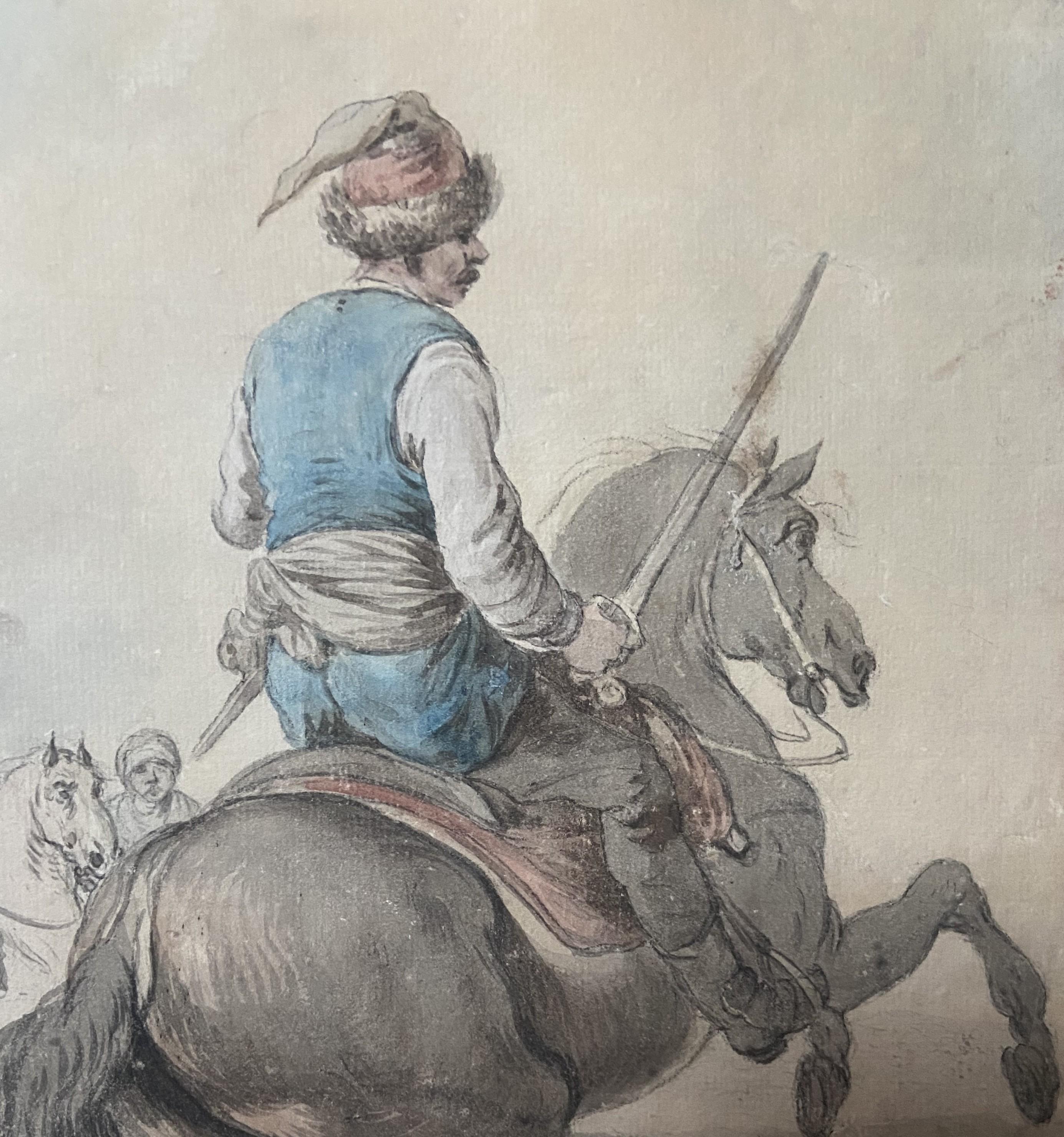 Attribuito a Francesco Casanova (1727-1803), 
Un Mamelucco che combatte sul suo cavallo, 
acquerello e inchiostro su carta
35 x 26 cm
Cornice 54 x 44 cm (cornice d'epoca, la montatura e il retro sono stati cambiati)

La prima indicazione