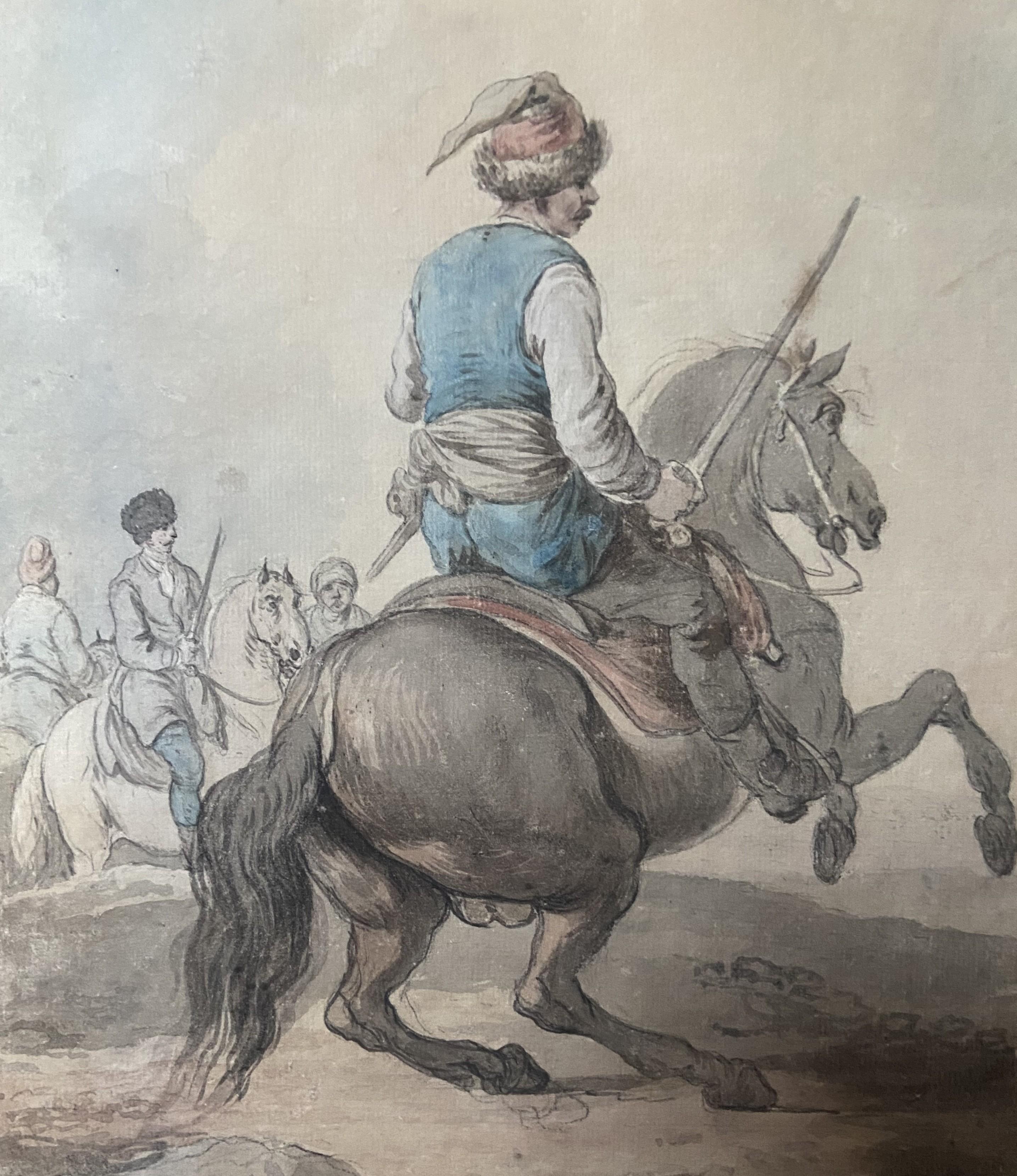 Attribuito a Francesco Casanova (1727-1803), Un combattimento mamelucco , acquerello - Animal Art Grigio di Francesco Giuseppe Casanova