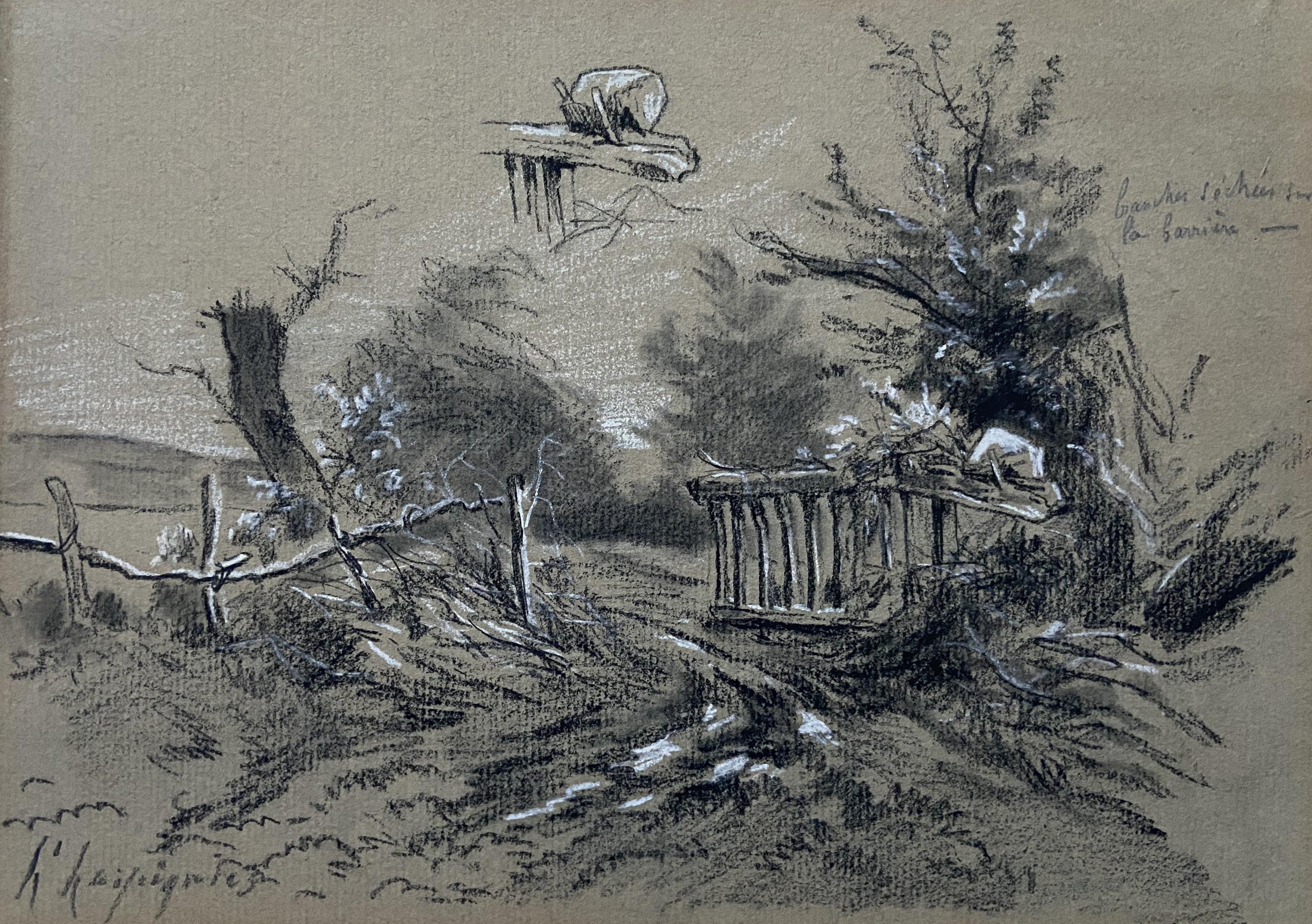 Henri Harpignies (1819-1916) Ein Barrier auf der Hege, Studie, signierte Zeichnung