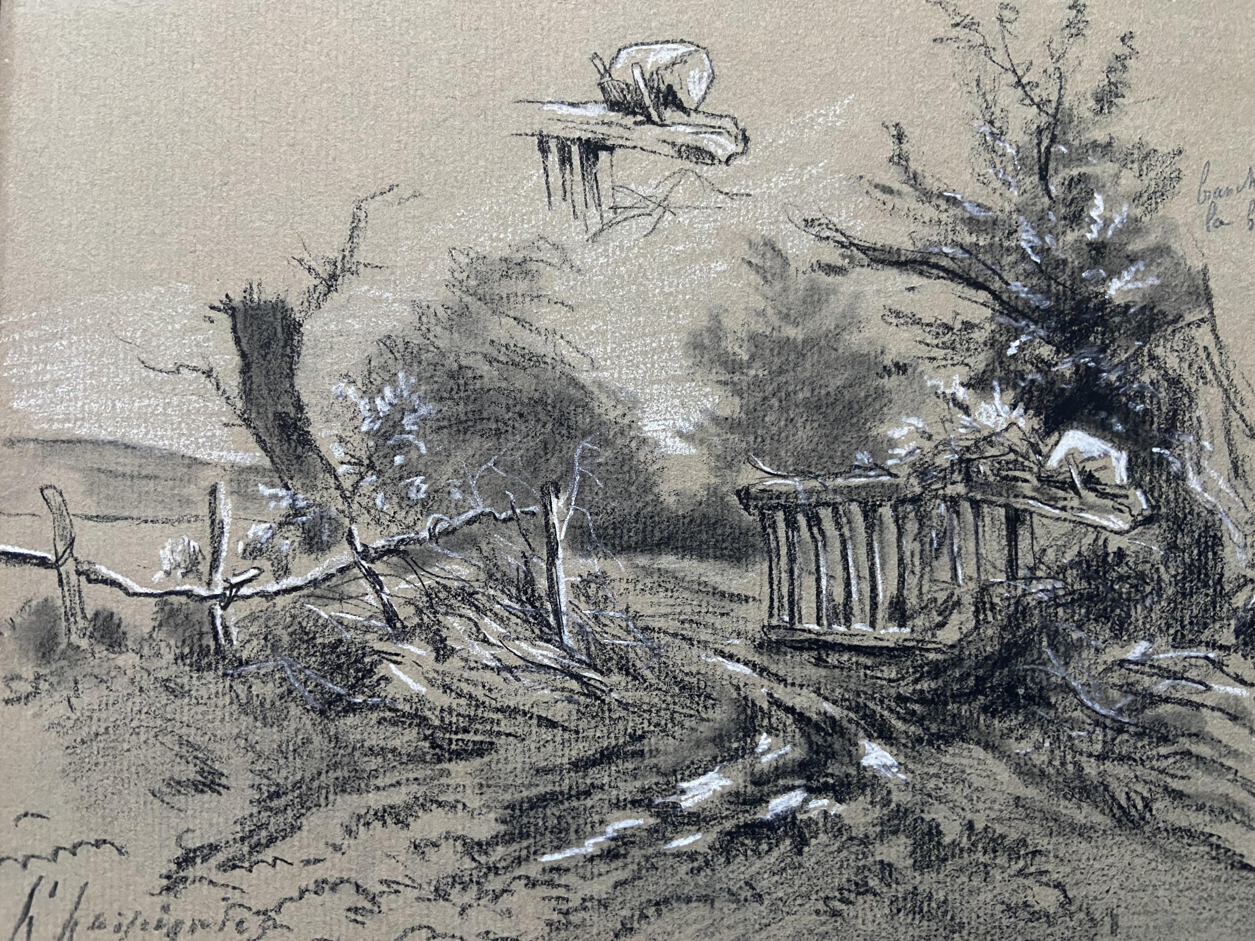 Henri Harpignies (1819-1916) A Barrier on the hedge, study, signed drawing - Barbizon School Art by Henri Joseph Harpignies