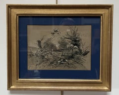 Henri Harpignies (1819-1916) Una barrera en el seto, estudio, dibujo firmado
