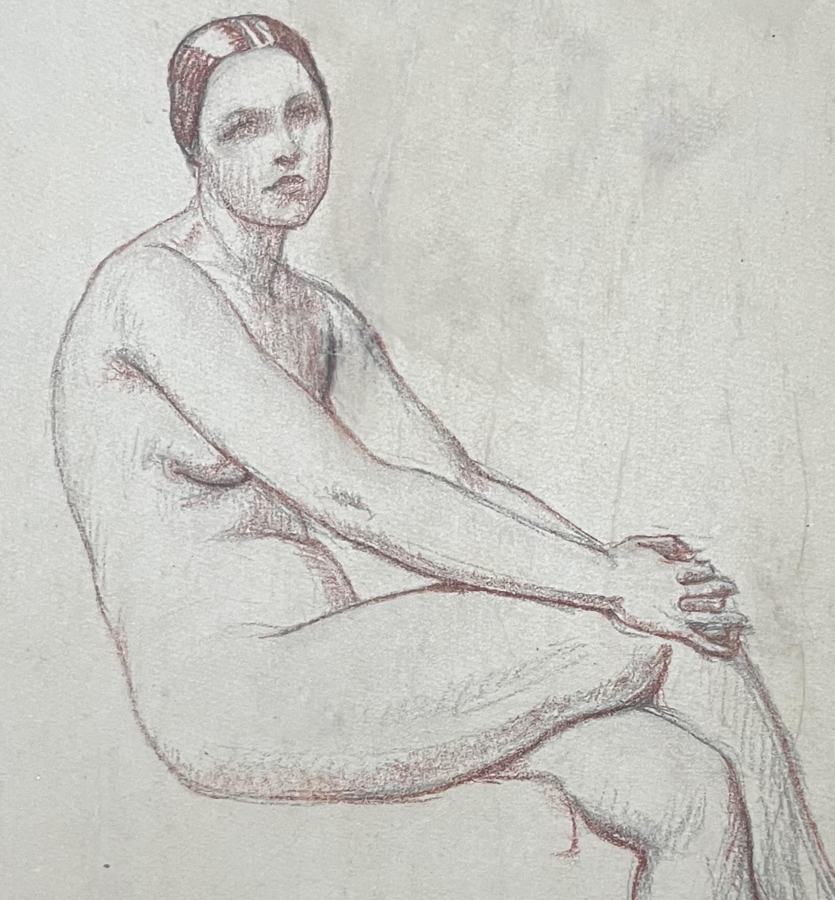 Octave Denis Victor Guillonnet (1872 - 1967)  Une femme nue assise, dessinant - Gris Figurative Art par Octave Guillonnet