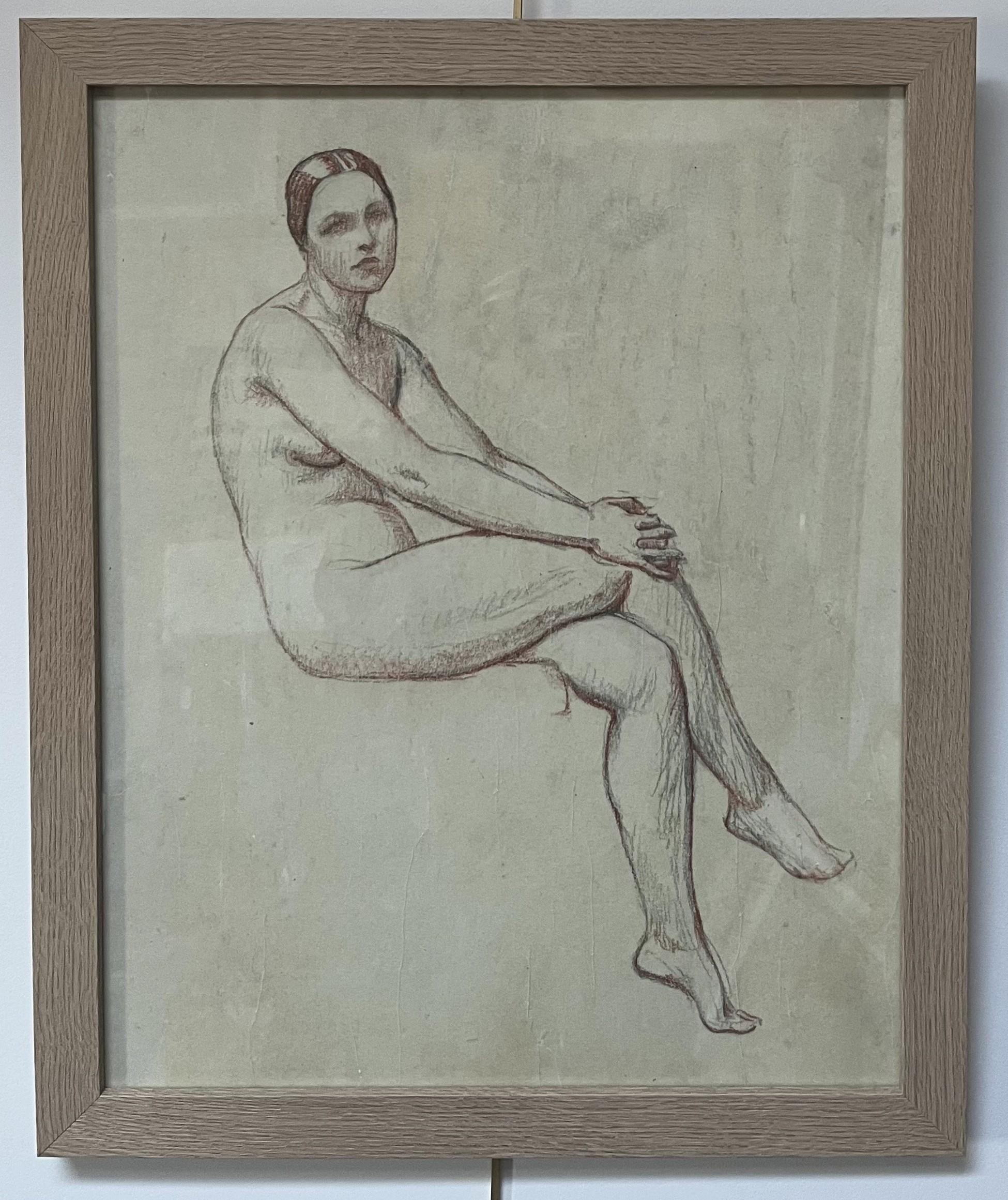 Octave Denis Victor Guillonnet (1872 - 1967)  Une femme nue assise, dessinant - Art de Octave Guillonnet