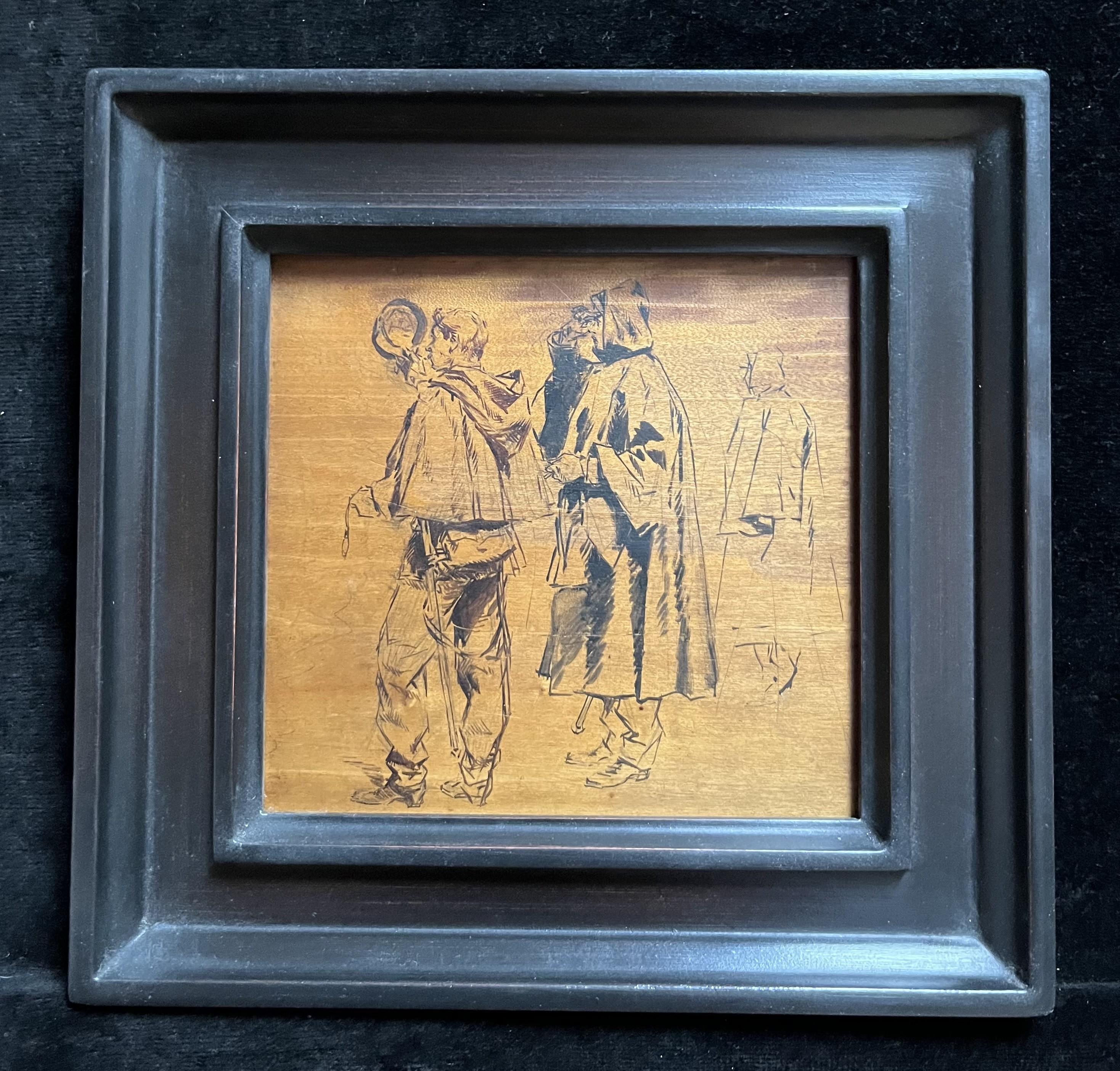 Edouard Detaille (1848 1912) Soldiers, une étude, encre sur bois - Beige Figurative Art par Jean Baptiste Édouard Detaille