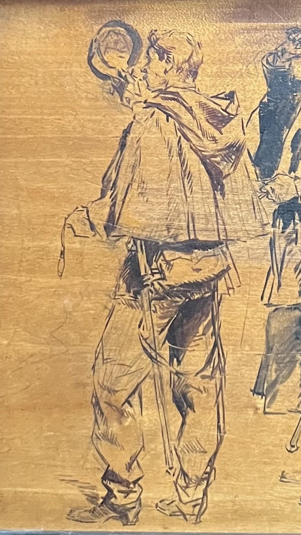Edouard Detaille (1848-1912)
Soldats, une étude
Encre noire sur panneau de bois
12.5 x 13 cm 
Encadré : 20 x 20,5 cm
Au dos du panneau, une étiquette portant l'inscription 