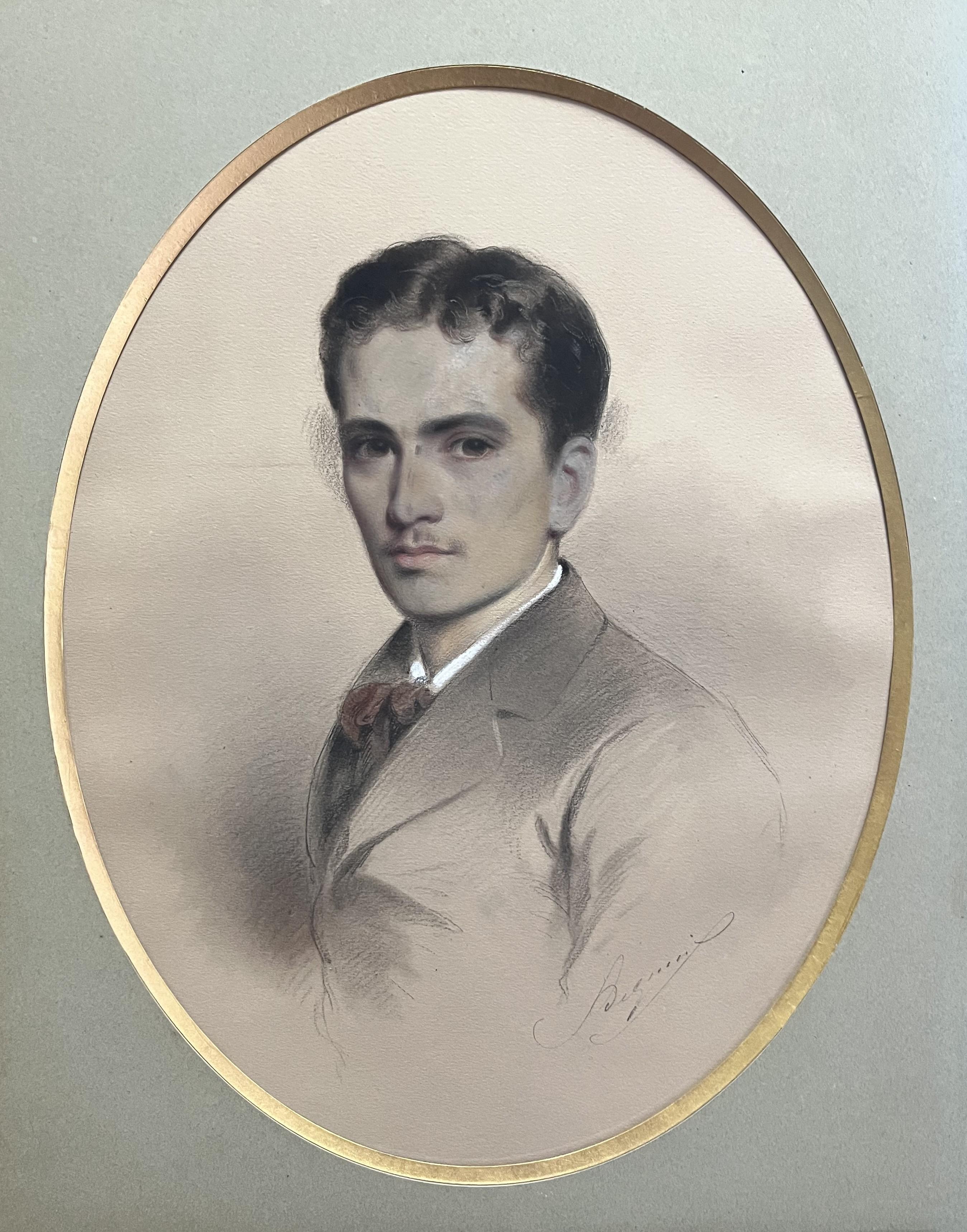 École française du XIXe siècle, Portrait d'un jeune homme, dessin signé - Gris Figurative Art par Unknown