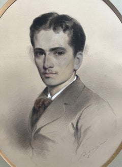 French School 19th Century, Portrait of a young man, drawing signed