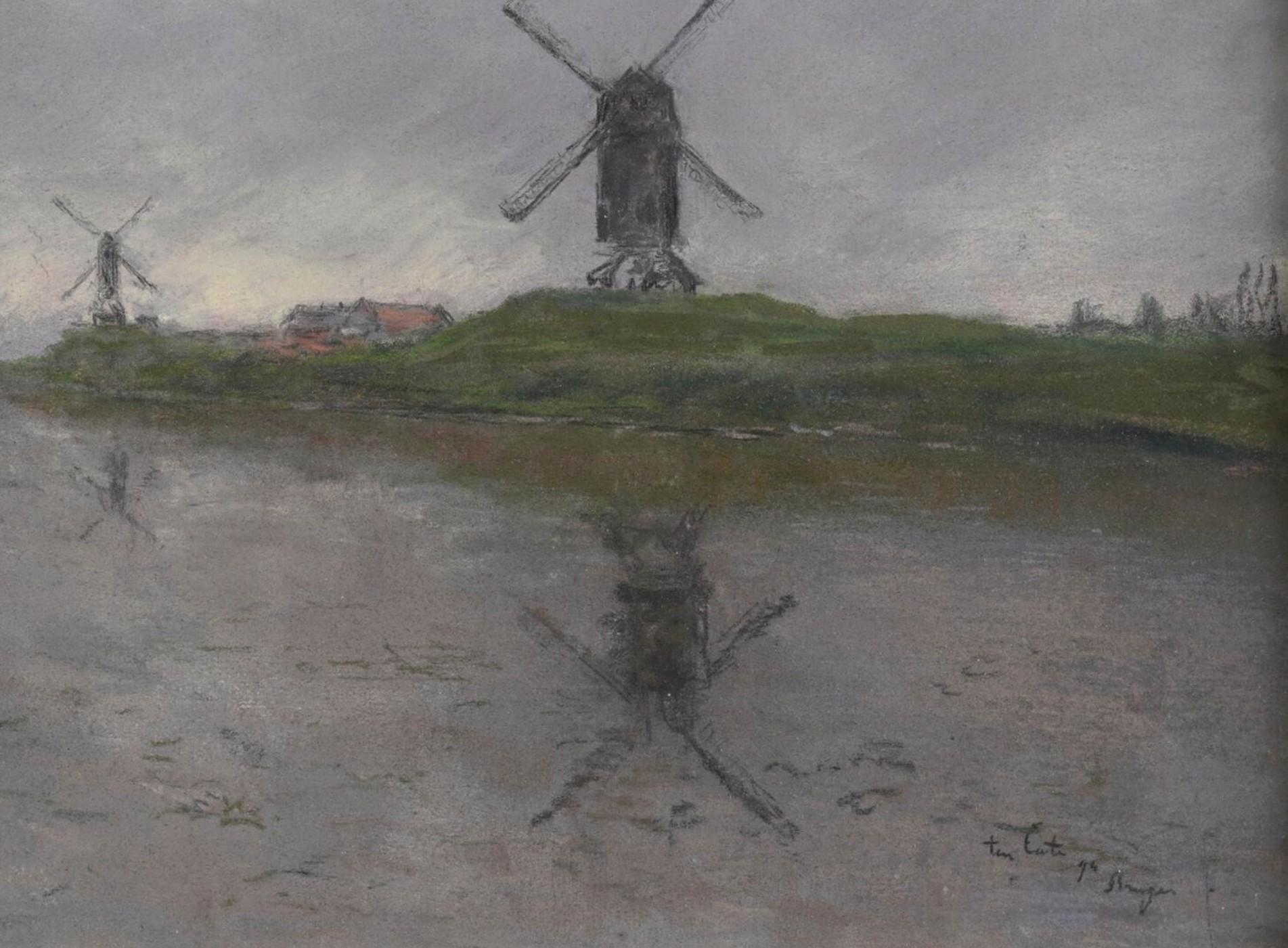 Siebe Johannes Ten Cate (1858-1908)  Bruges, canale dei mulini a vento, 1894, pastello firmato in vendita 3