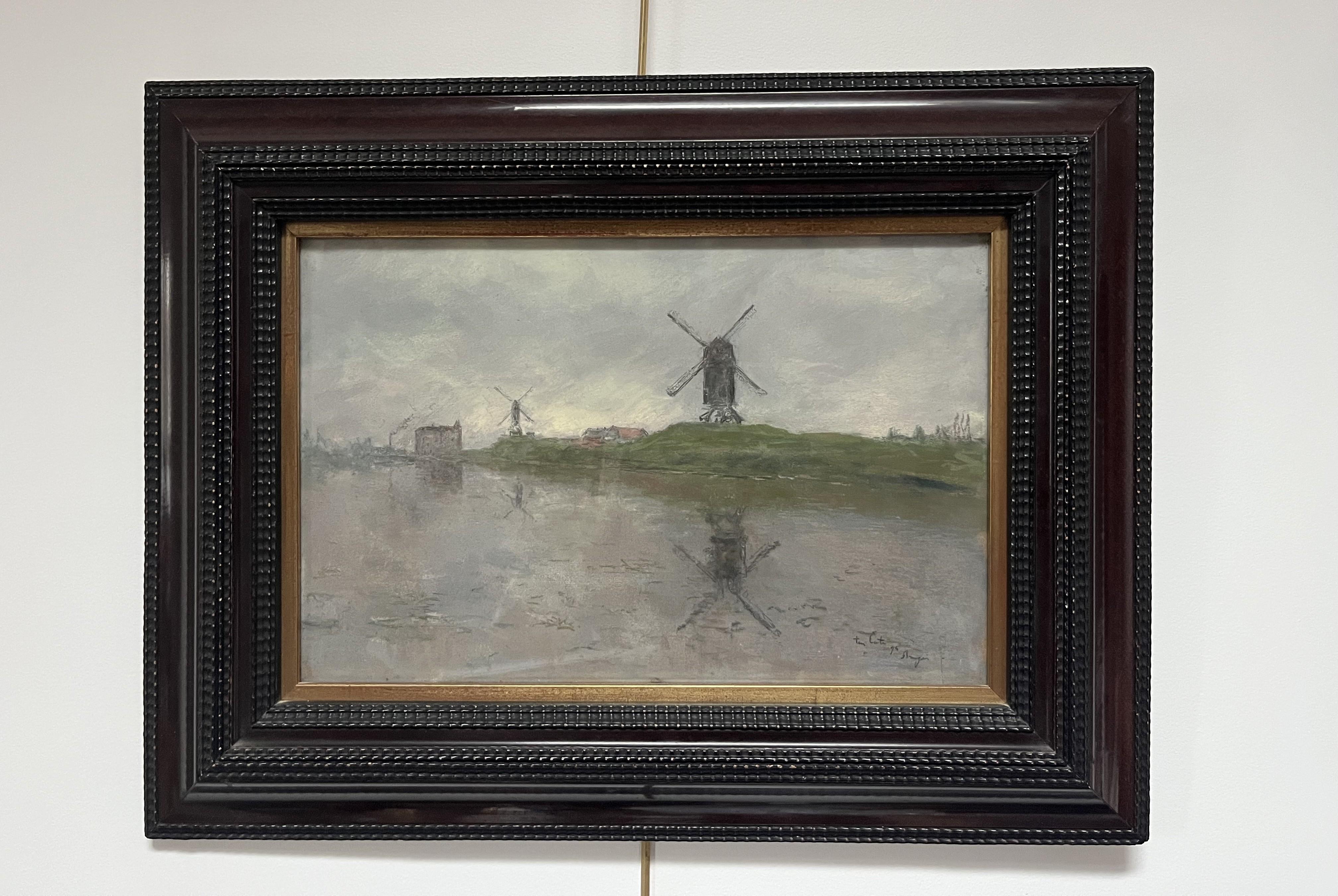 Siebe Johannes Ten Cate (1858-1908)  Bruges, canale dei mulini a vento, 1894, pastello firmato in vendita 1