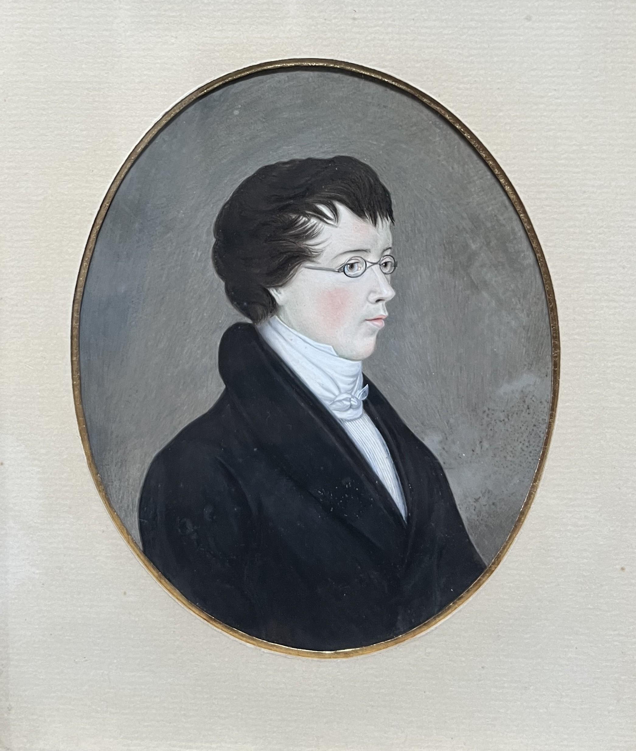 Frühes 19. Jahrhundert, Porträt eines jungen Mannes mit Gläsern, Gouache im Angebot 5