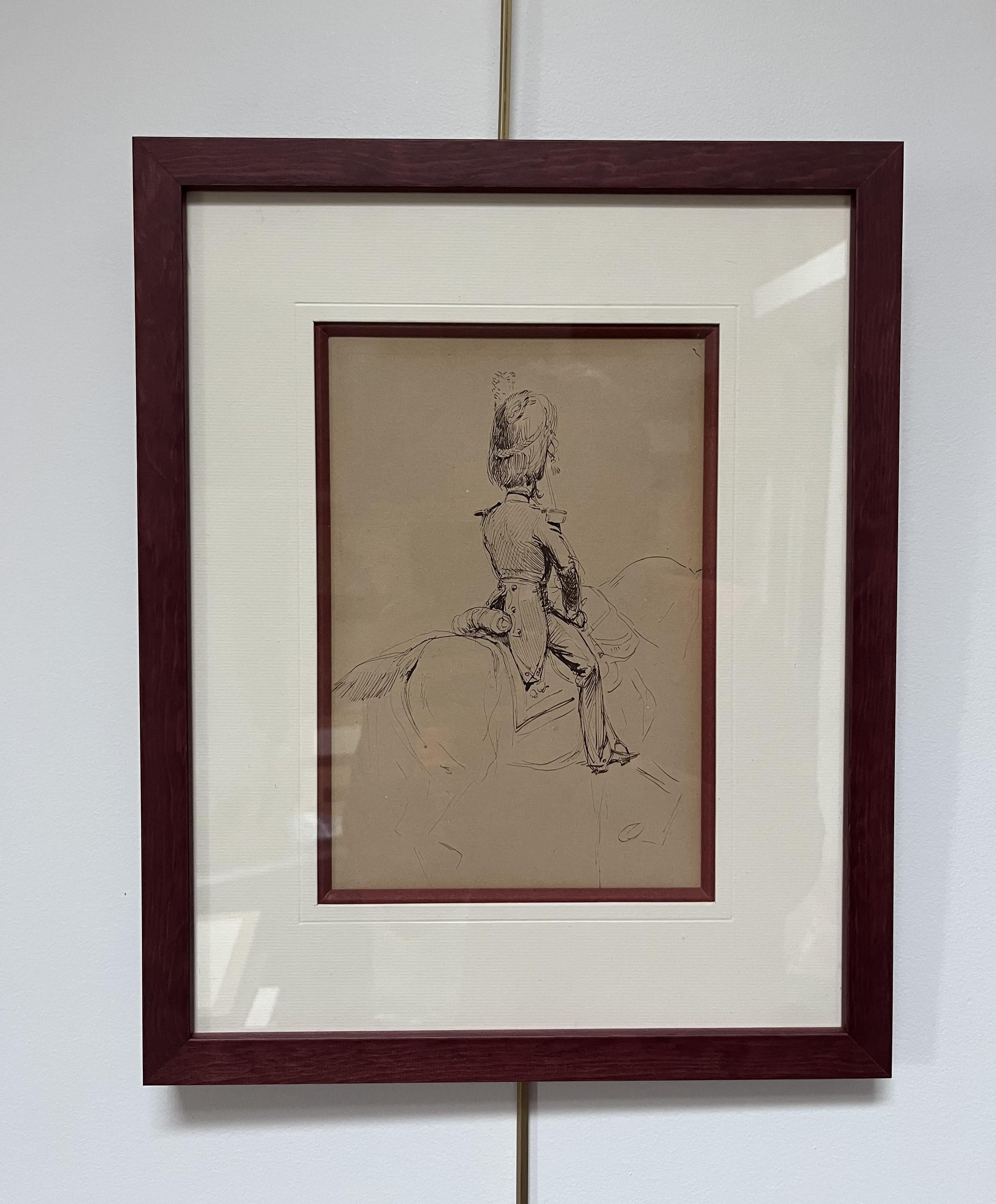 Edouard Detaille (1848-1912)
An officer of the Gendarmerie Impériale, viewed of the back
bears the monogram ED but it is not visible because it is hidden by the mounting of the frame (see photographs taken out of the frame)
Pen and black ink on