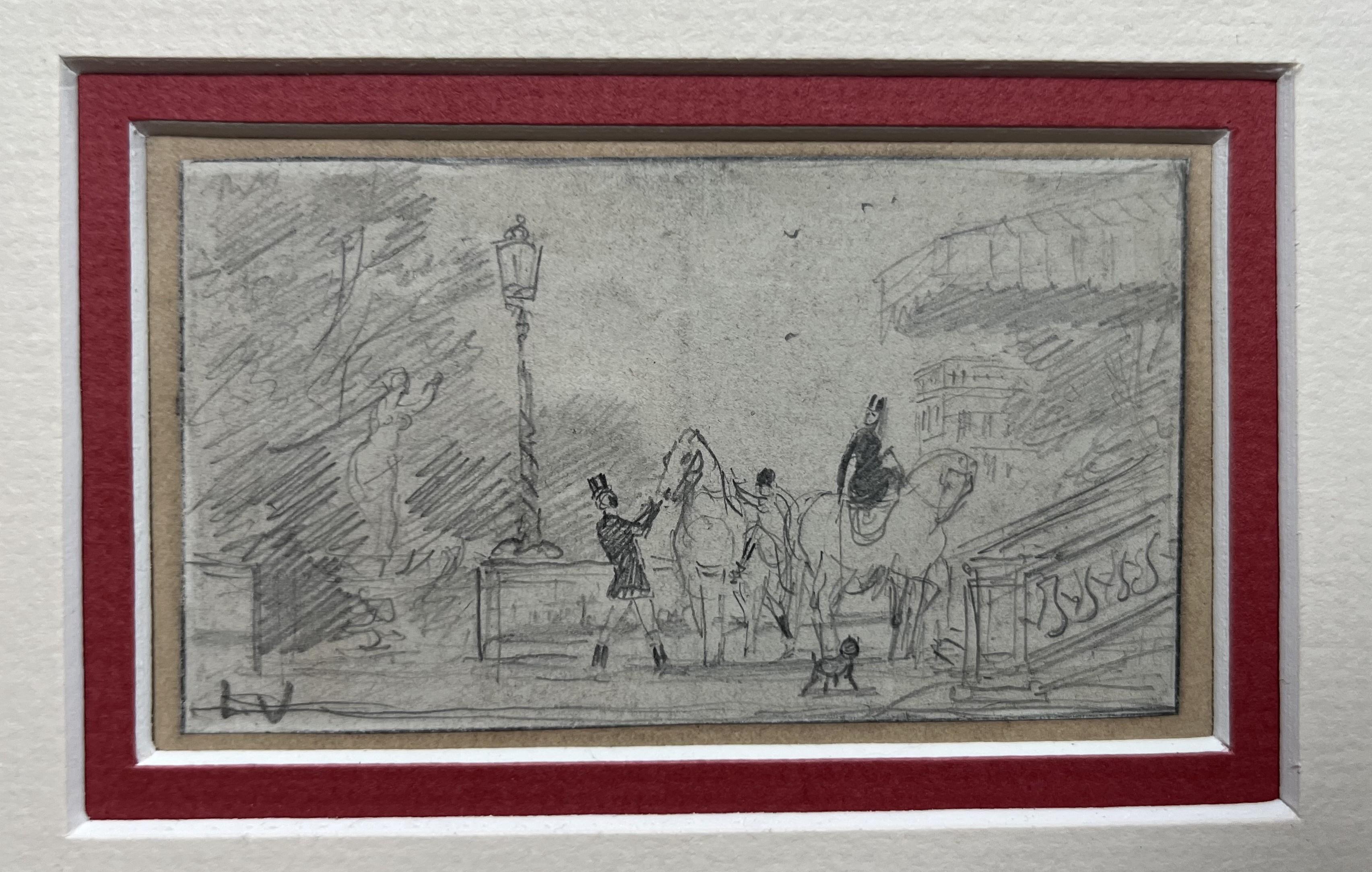 Französische Schule des 19. Jahrhunderts, Szenen aus dem pariserischen Leben, drei Zeichnungen signiert (Grau), Figurative Art, von Unknown