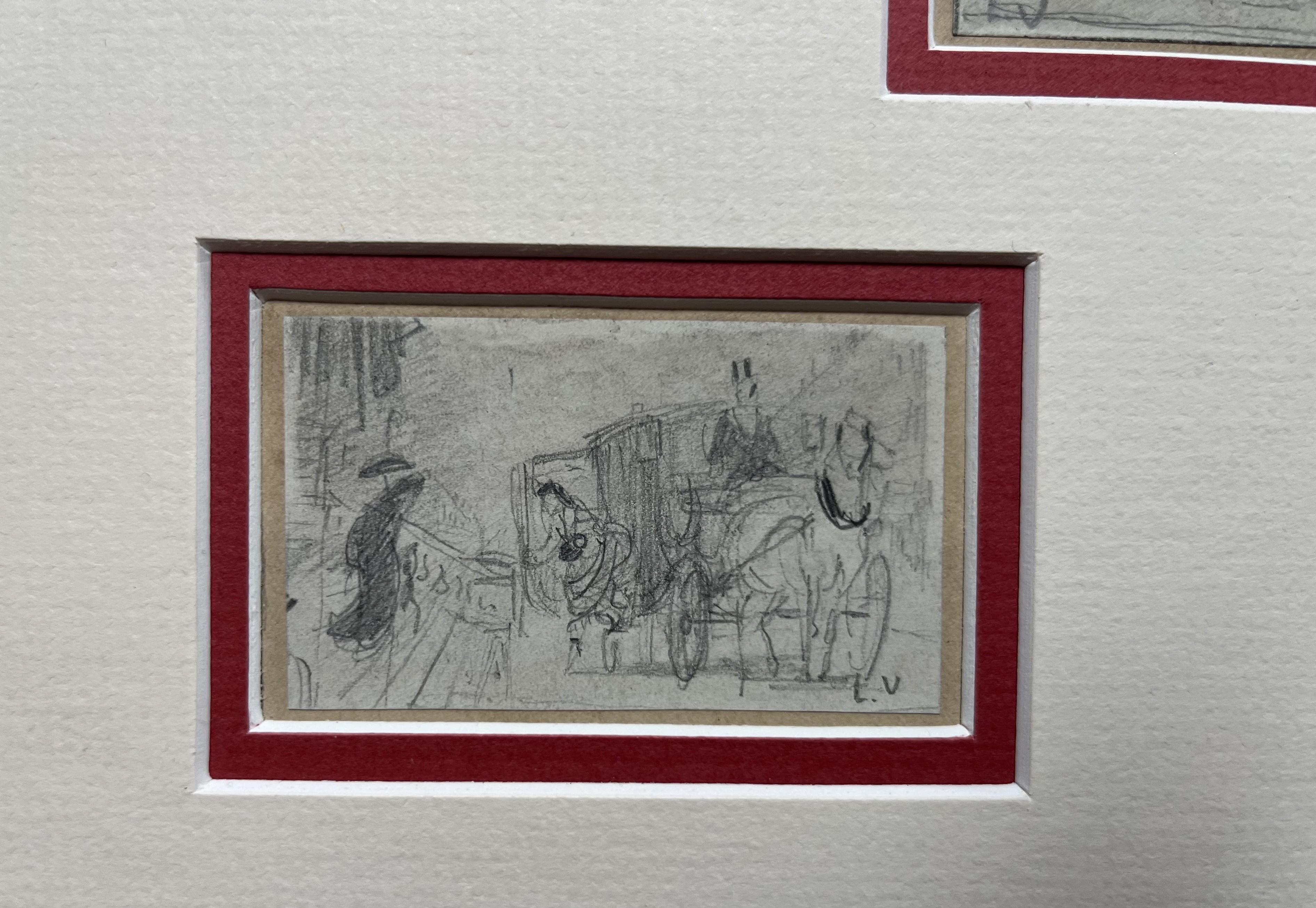 Französische Schule des 19. Jahrhunderts
Szenen aus dem Pariser Leben, drei Zeichnungen
jeweils unterzeichnet mit den Initialen LV 
Bleistift auf Papier
Größen der Zeichnungen  :
4.8 x 8 cm 
4 x 6.5 cm
4.8 x 6 cm
Gerahmt : 26 x 36,5  cm

Der Autor