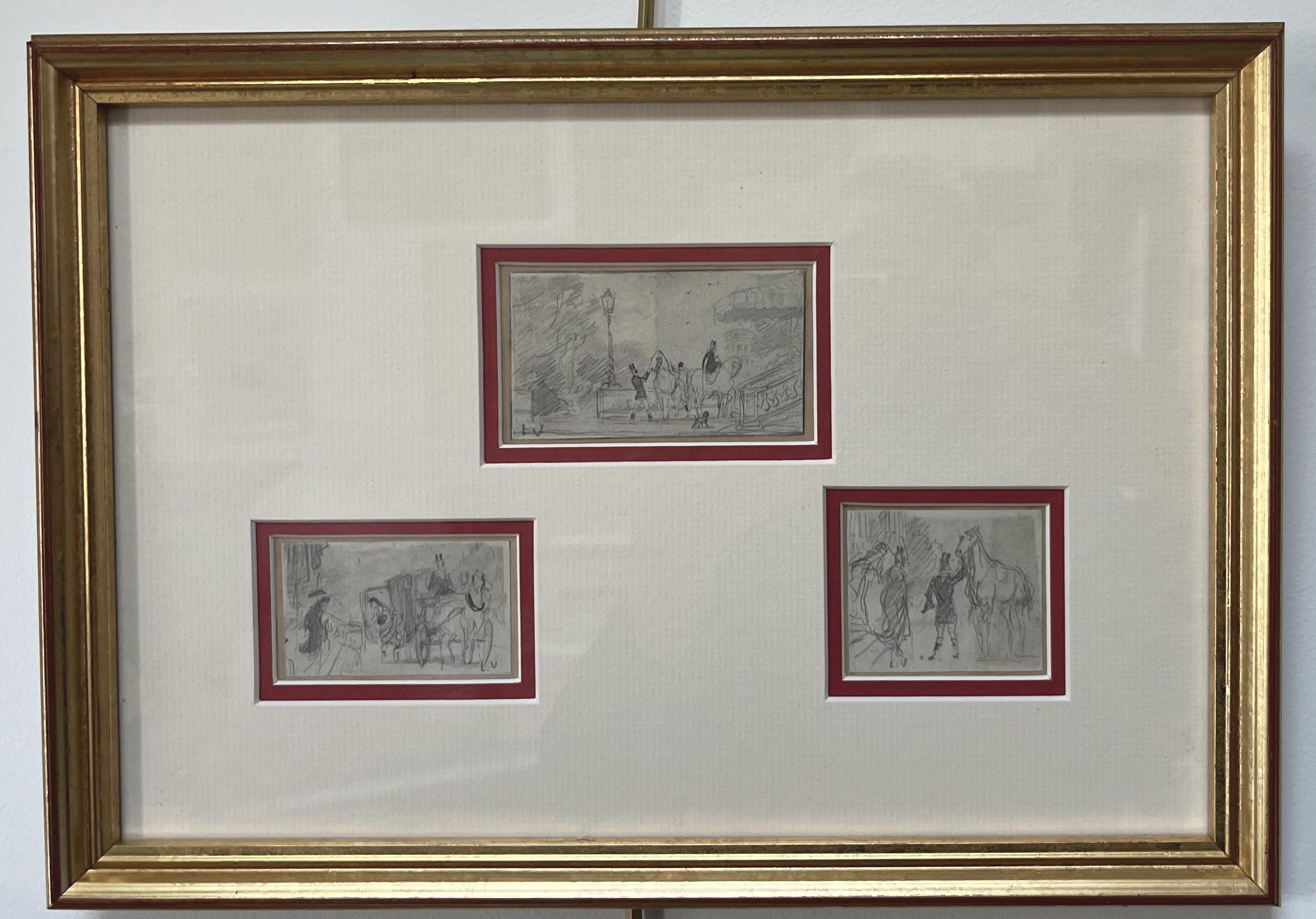 Unknown Figurative Art – Französische Schule des 19. Jahrhunderts, Szenen aus dem pariserischen Leben, drei Zeichnungen signiert