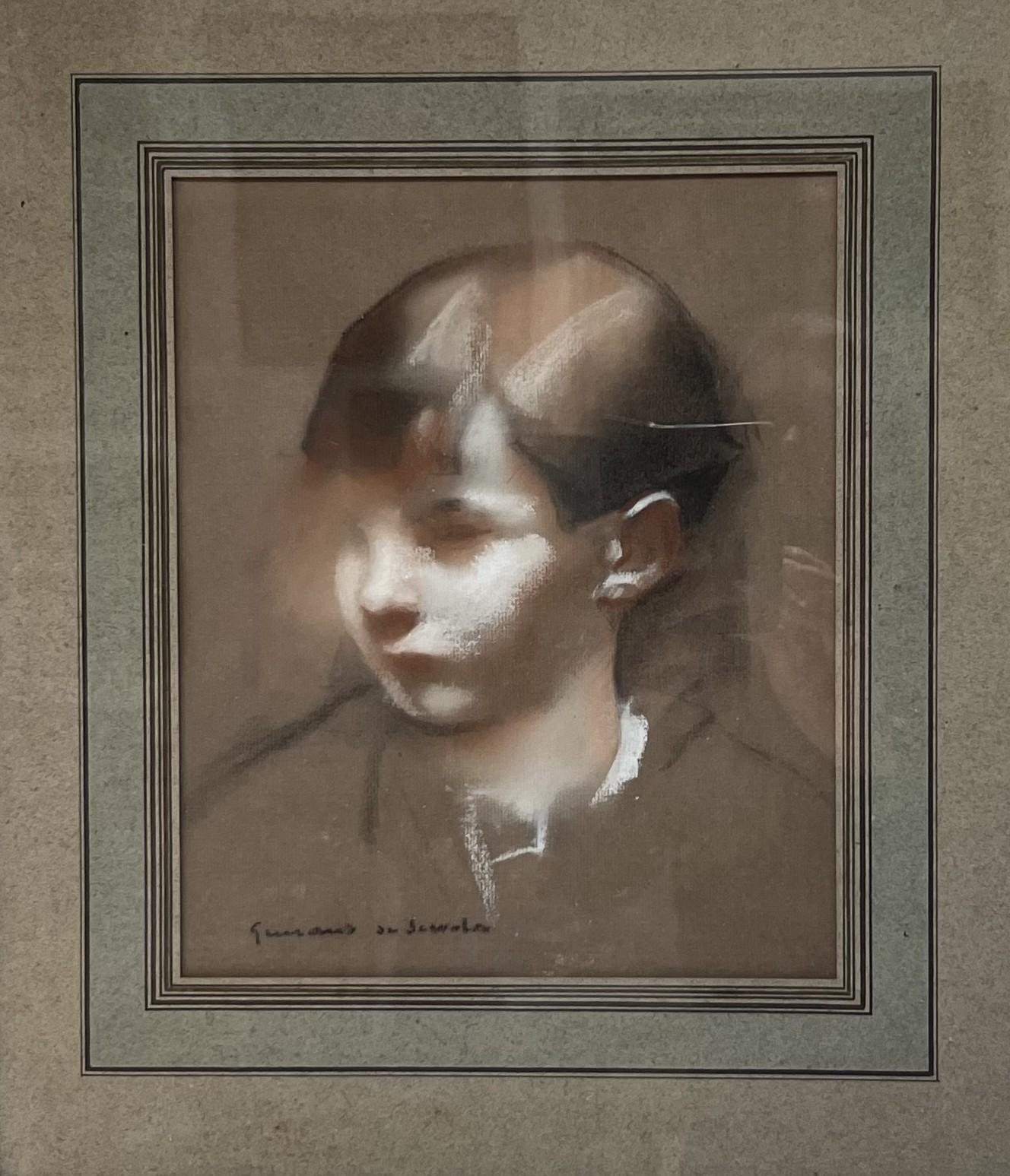 Lucien Victor Guirand de Scevola (1871-1950) Portrait of a boy, signed pastel - Marron Figurative Art par Lucien-Victor Guirand de Scévola