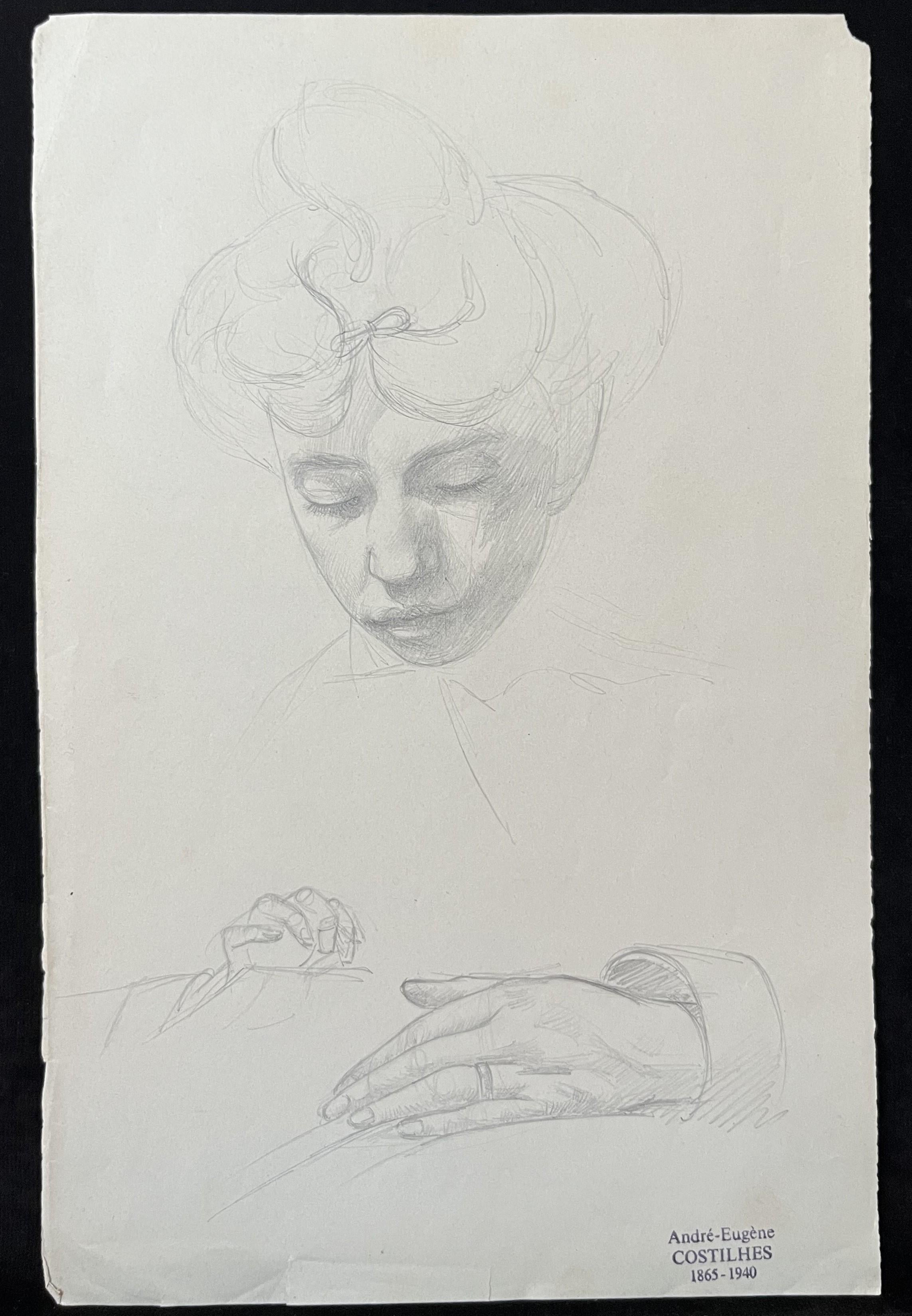 André Eugène Costilhes (1865-1940) Une jeune femme cousant, dessin en vente 1
