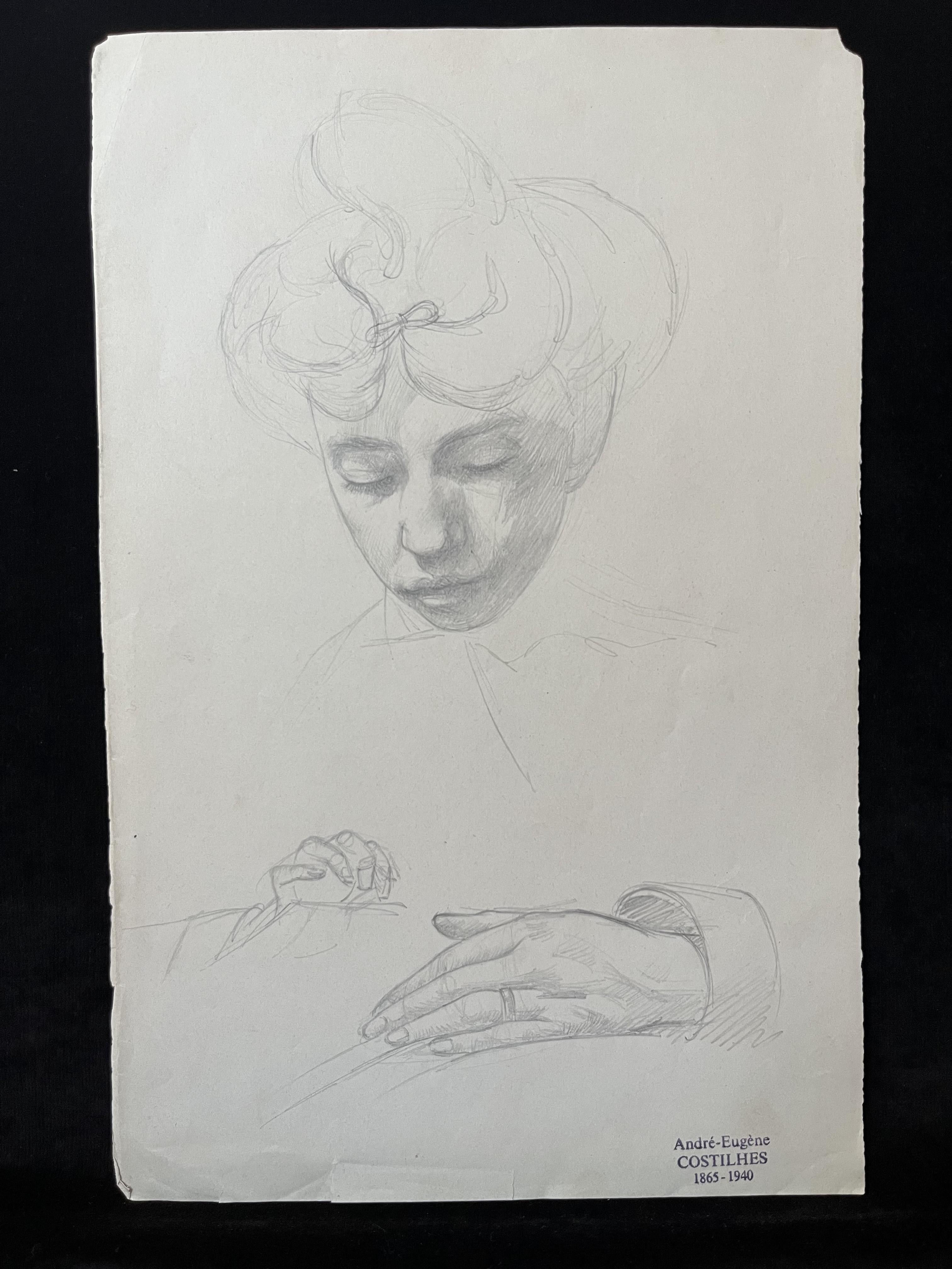André Eugène Costilhes (1865-1940) Une jeune femme cousant, dessin en vente 5