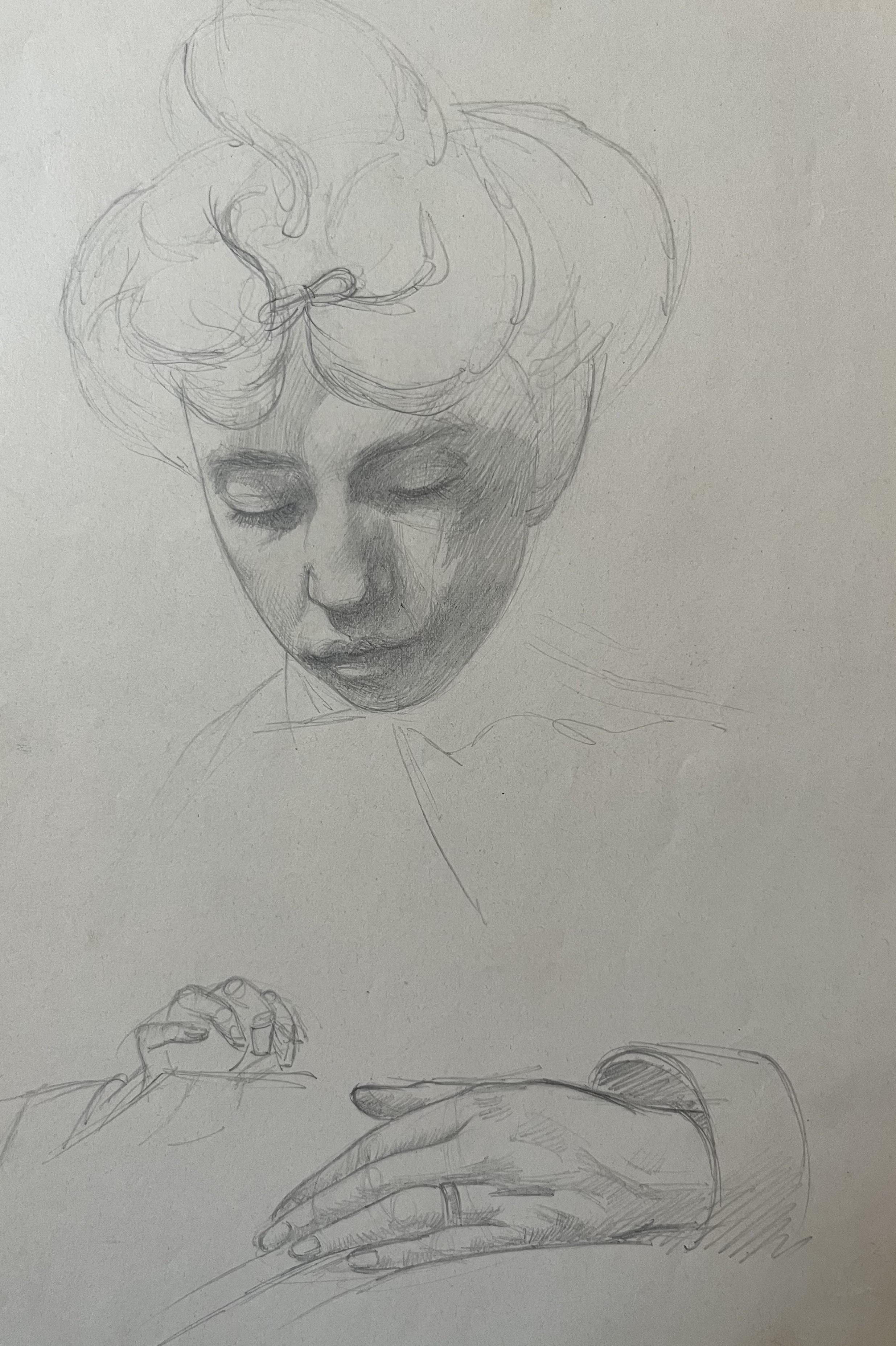 André Eugène Costilhes (1865-1940) Une jeune femme cousant, dessin en vente 4