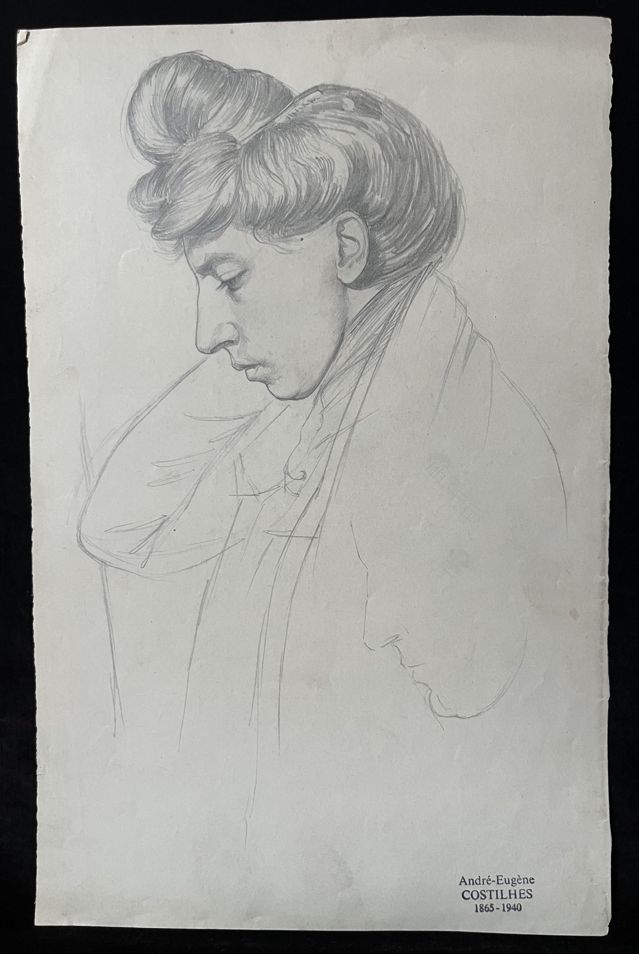 André Eugène Costilhes (1865-1940) Junge Frau im Profil, Zeichnung im Angebot 1