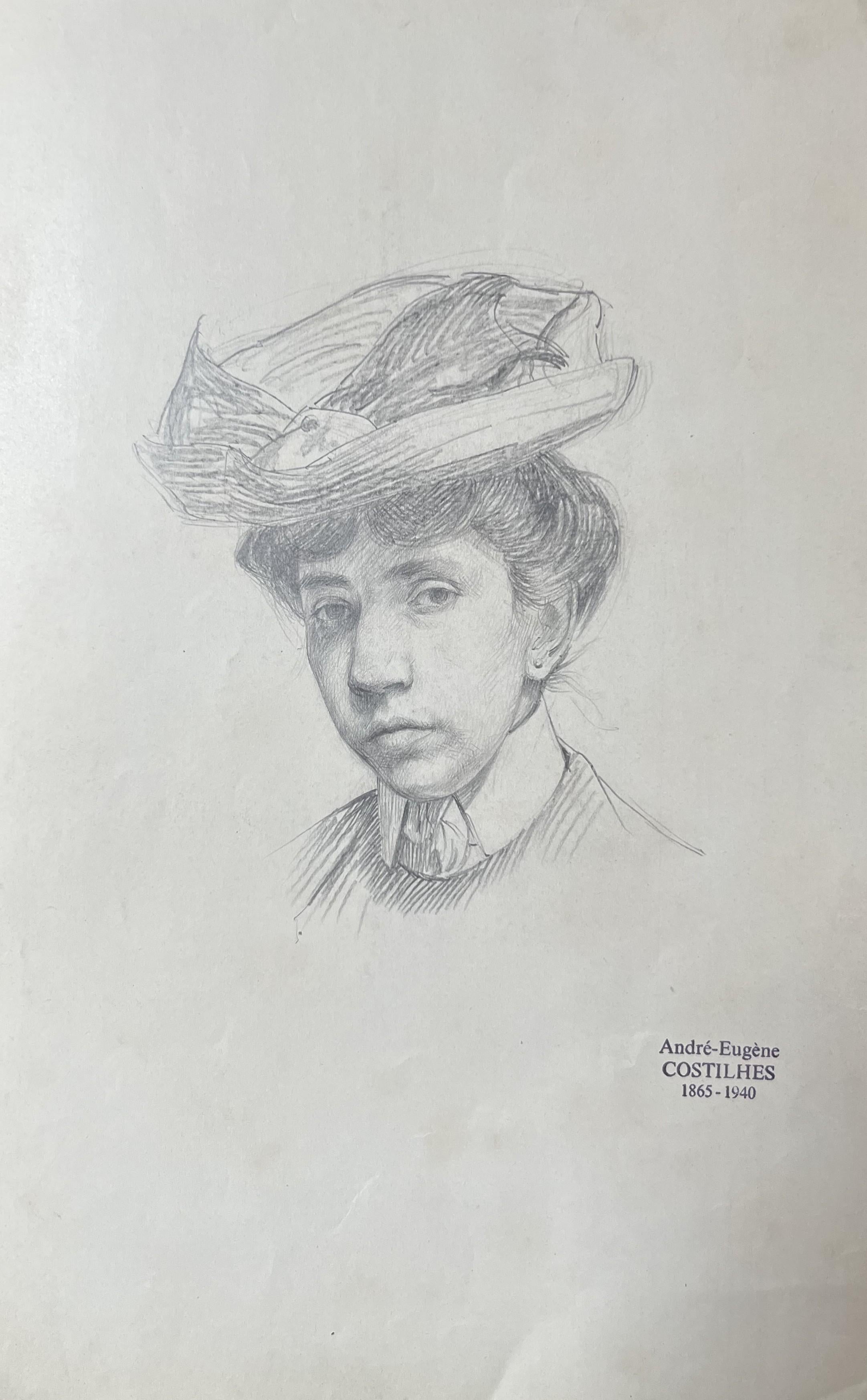André Eugène Costilhes (1865-1940) 
Portrait of a young woman with a hat
bears the stamp of the studio of André Eugène Costilhes in the lower right-hand corner
pencil on paper
30.5 x 20 cm  
In good condition (see photographs please)

This drawing,