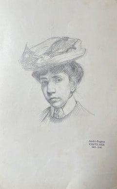 Antique André Eugène Costilhes (1865-1940) Portrait of a young woman with a hat, drawing