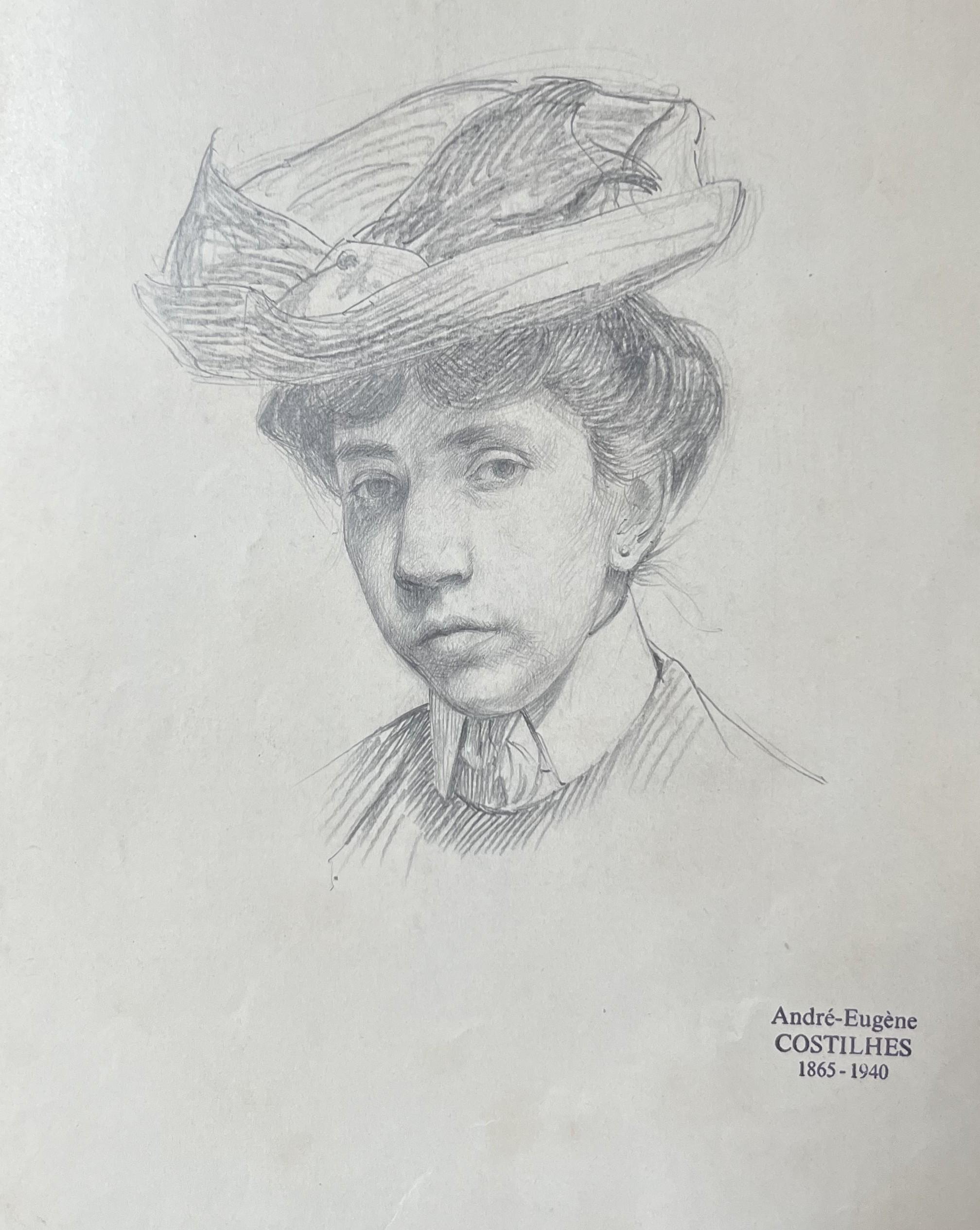 André Eugène Costilhes (1865-1940) Portrait of a young woman with a hat, drawing For Sale 3