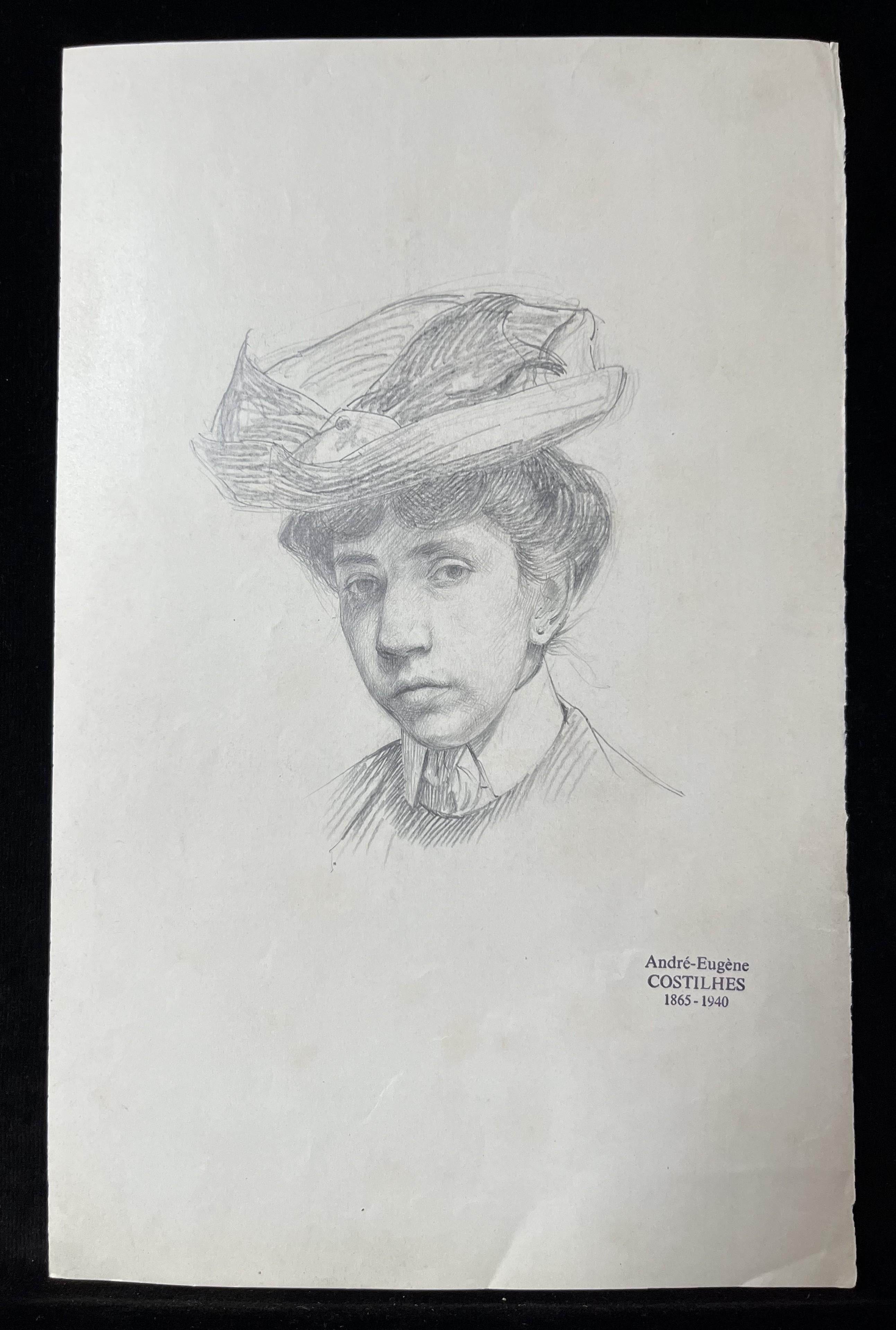 André Eugène Costilhes (1865-1940) Portrait of a young woman with a hat, drawing For Sale 1