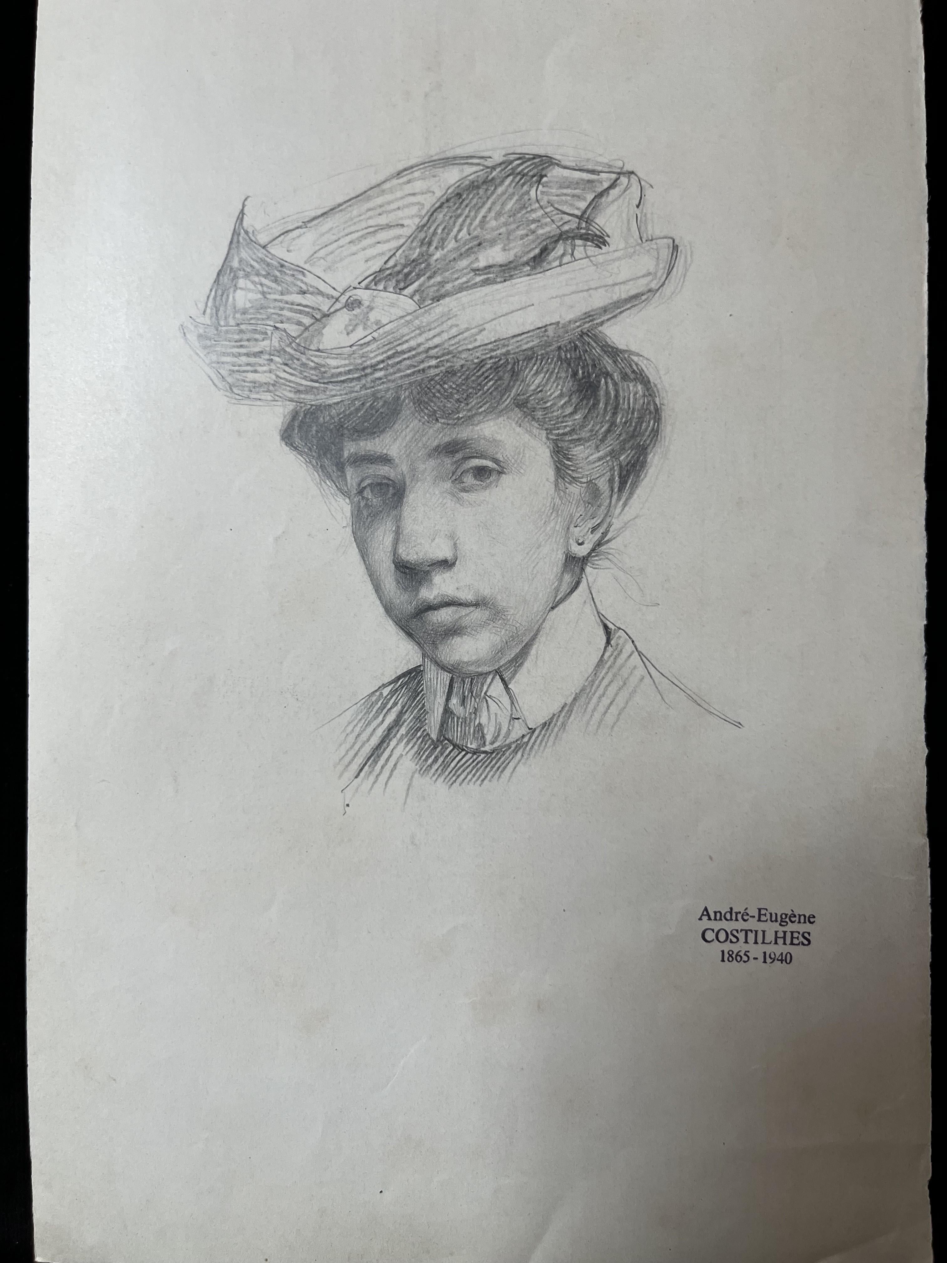 André Eugène Costilhes (1865-1940) Portrait of a young woman with a hat, drawing For Sale 5