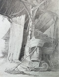 French School 18th century, Interior of a barn, drawing