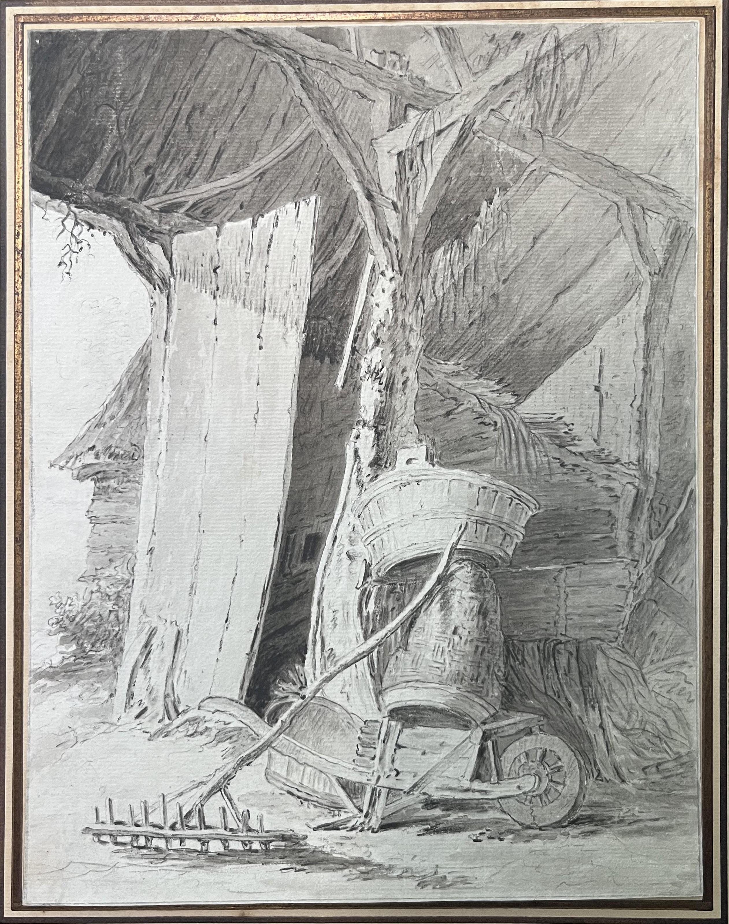 École française 18e siècle, Intérieur d'une grange, dessin - Art de Unknown