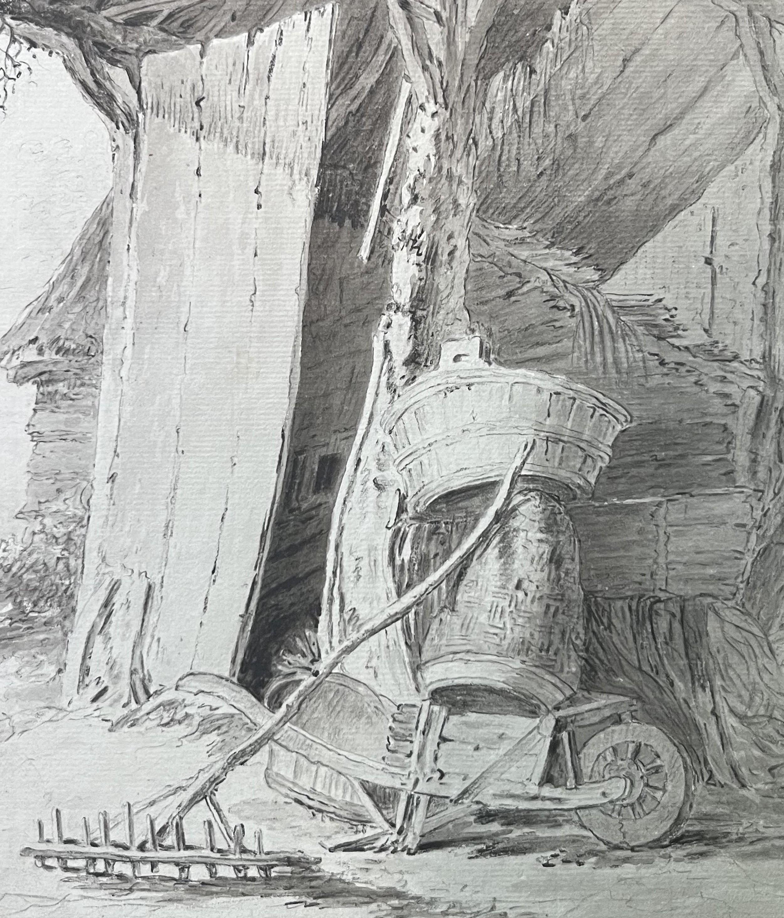 École française 18e siècle, Intérieur d'une grange, dessin - Gris Figurative Art par Unknown