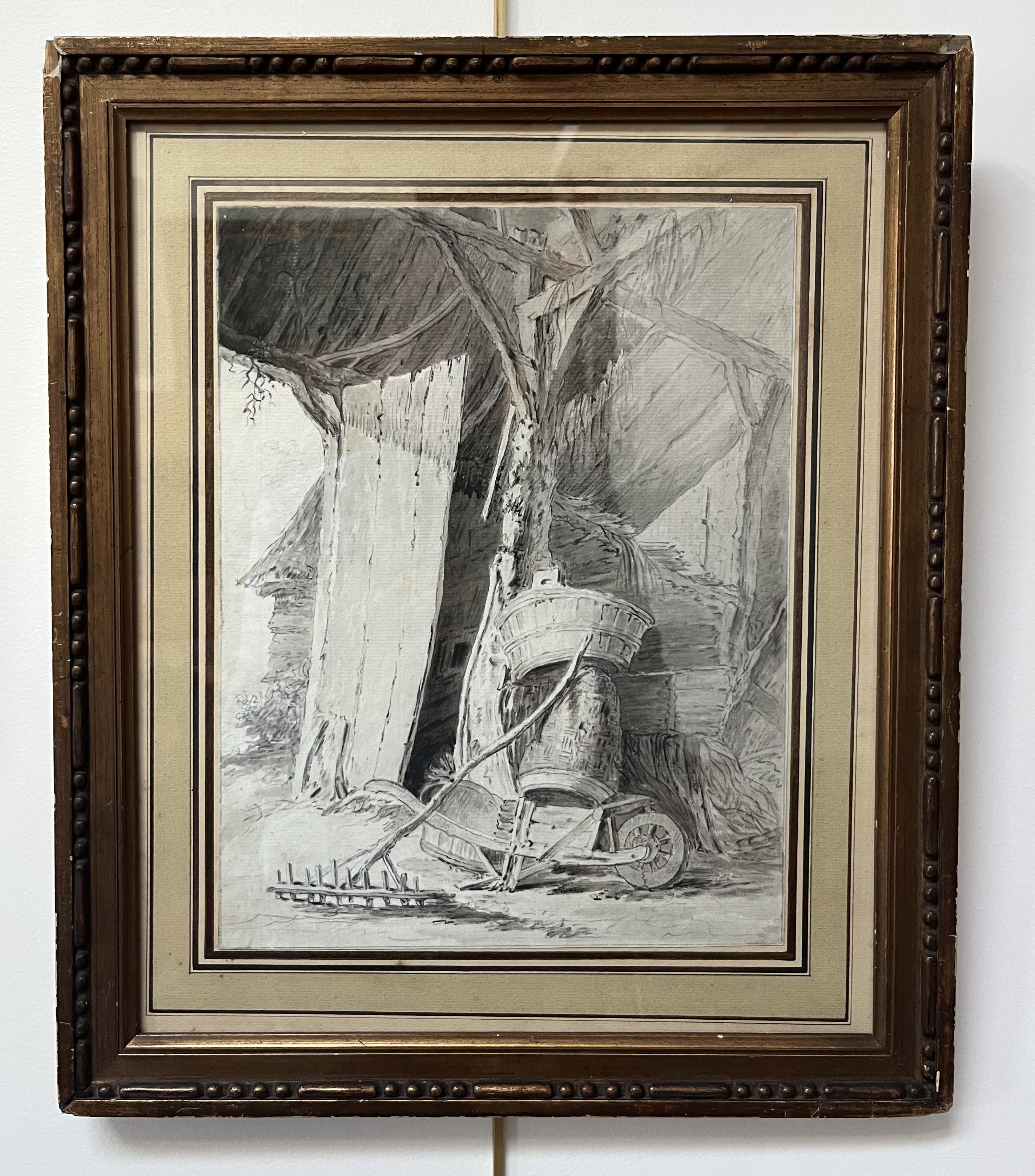 École française 18e siècle, Intérieur d'une grange, dessin en vente 2