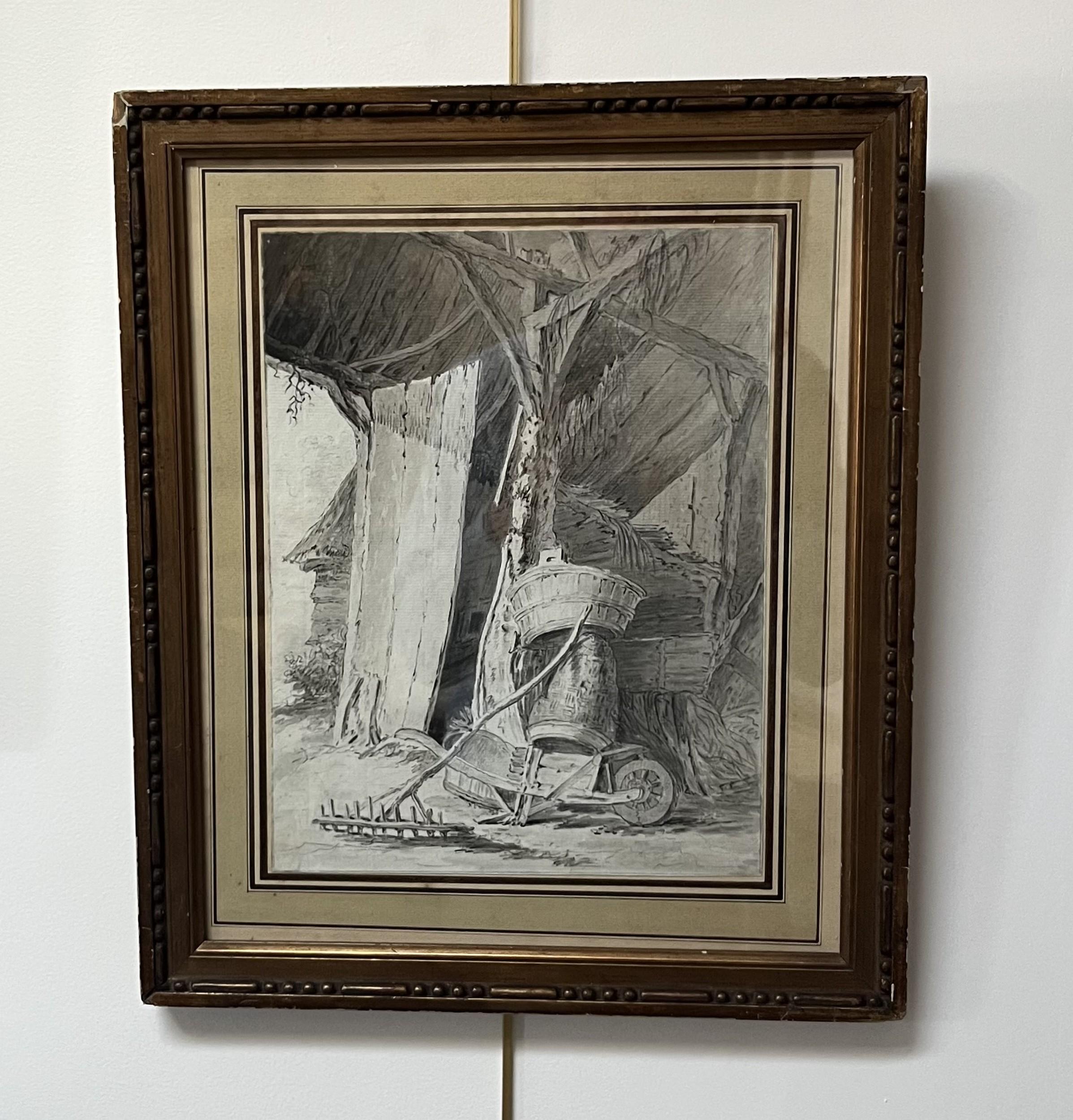 École française 18e siècle, Intérieur d'une grange, dessin en vente 3