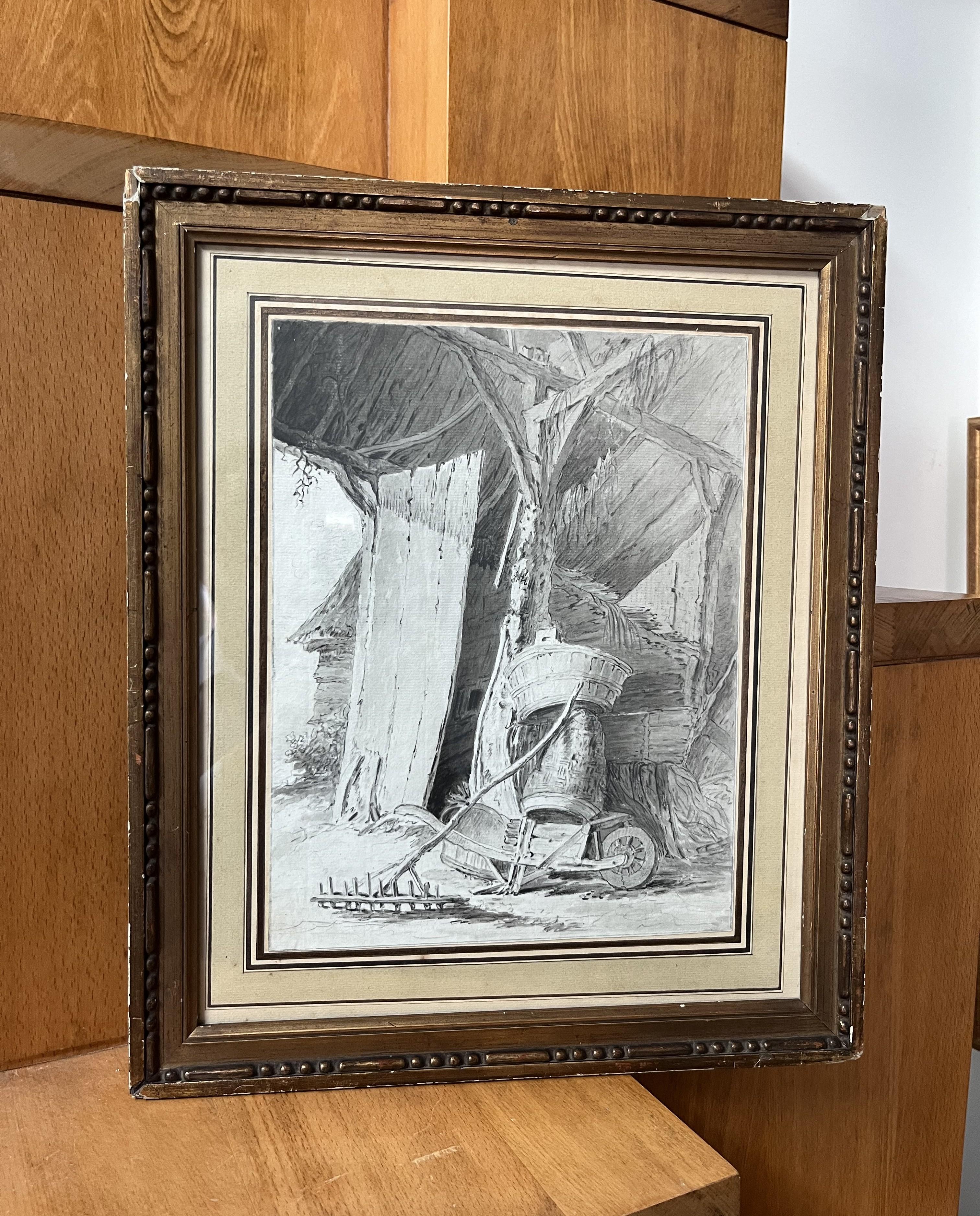 École française 18e siècle, Intérieur d'une grange, dessin en vente 5