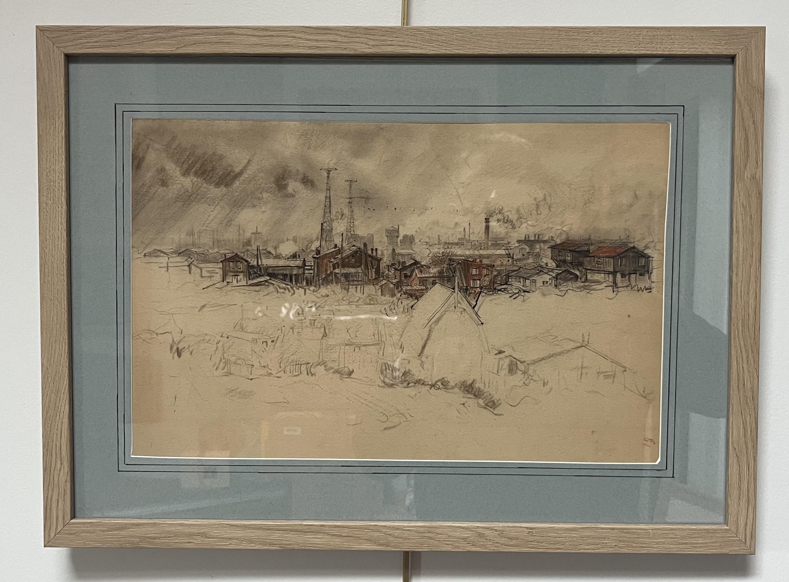 Charles Jouas (1866-1942) A Suburban landscape, color pencil drawing For Sale 1
