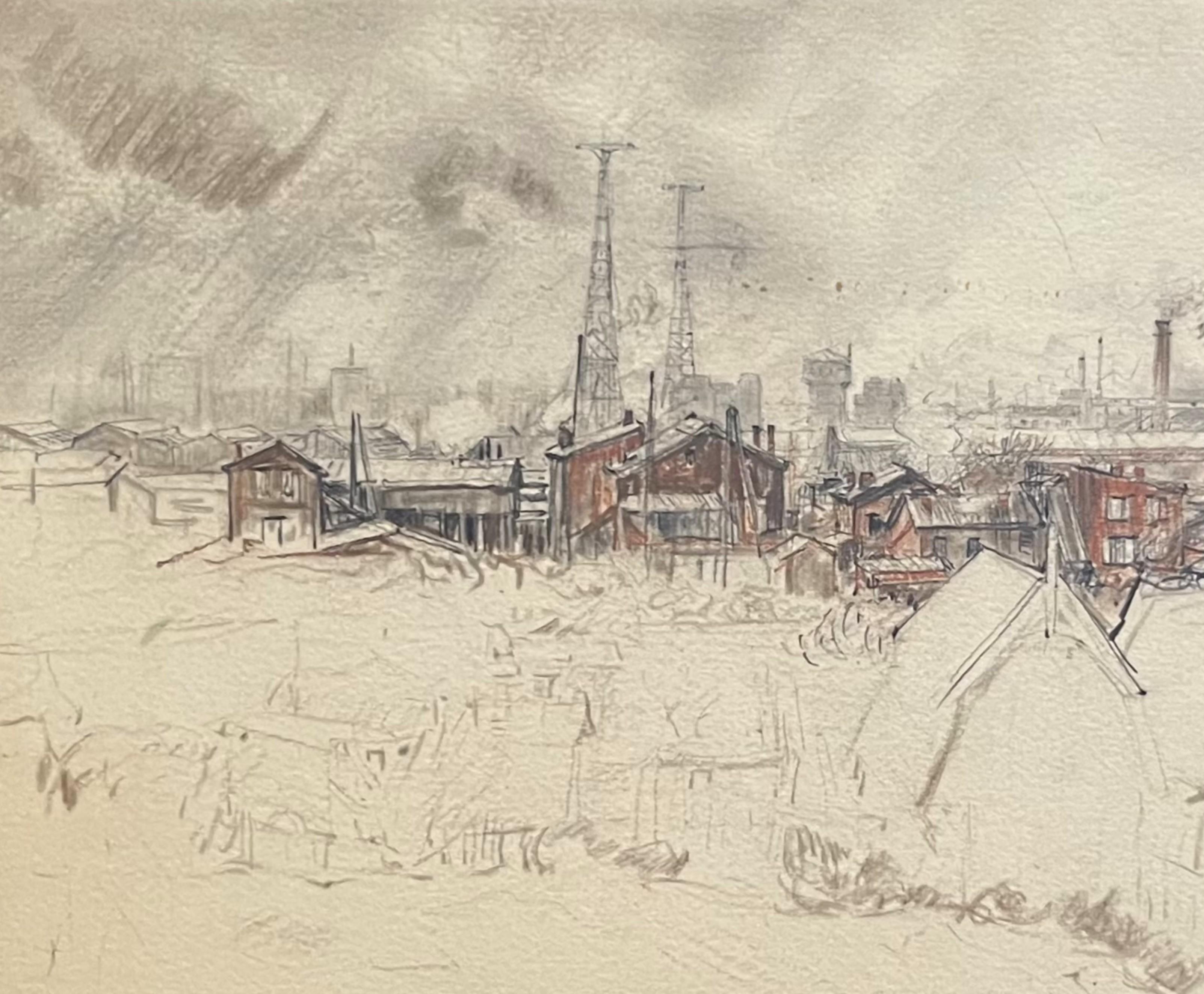 Charles Jouas (1866-1942) A Suburban landscape, color pencil drawing For Sale 3