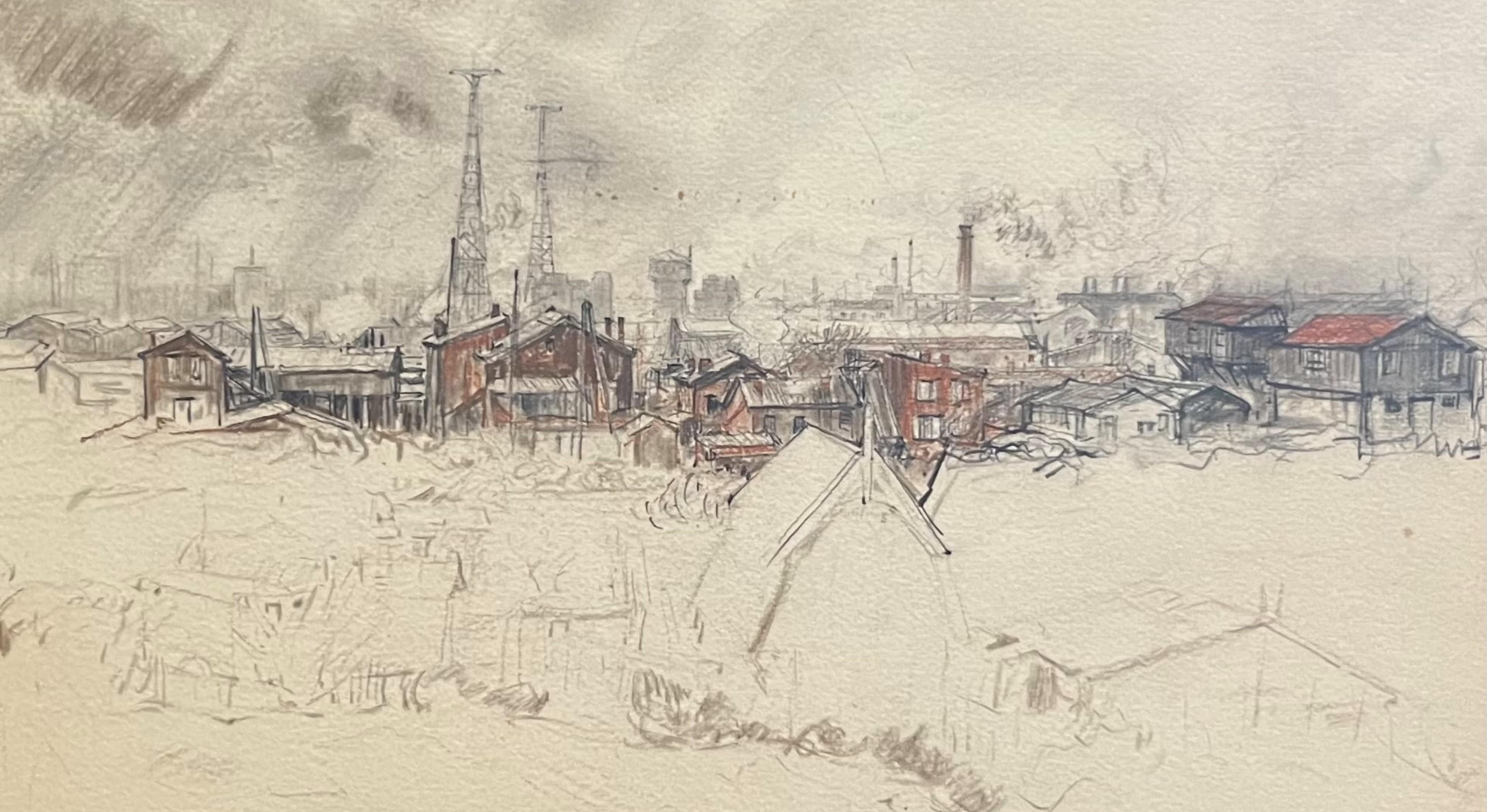 Charles Jouas (1866-1942) A Suburban landscape, color pencil drawing For Sale 2
