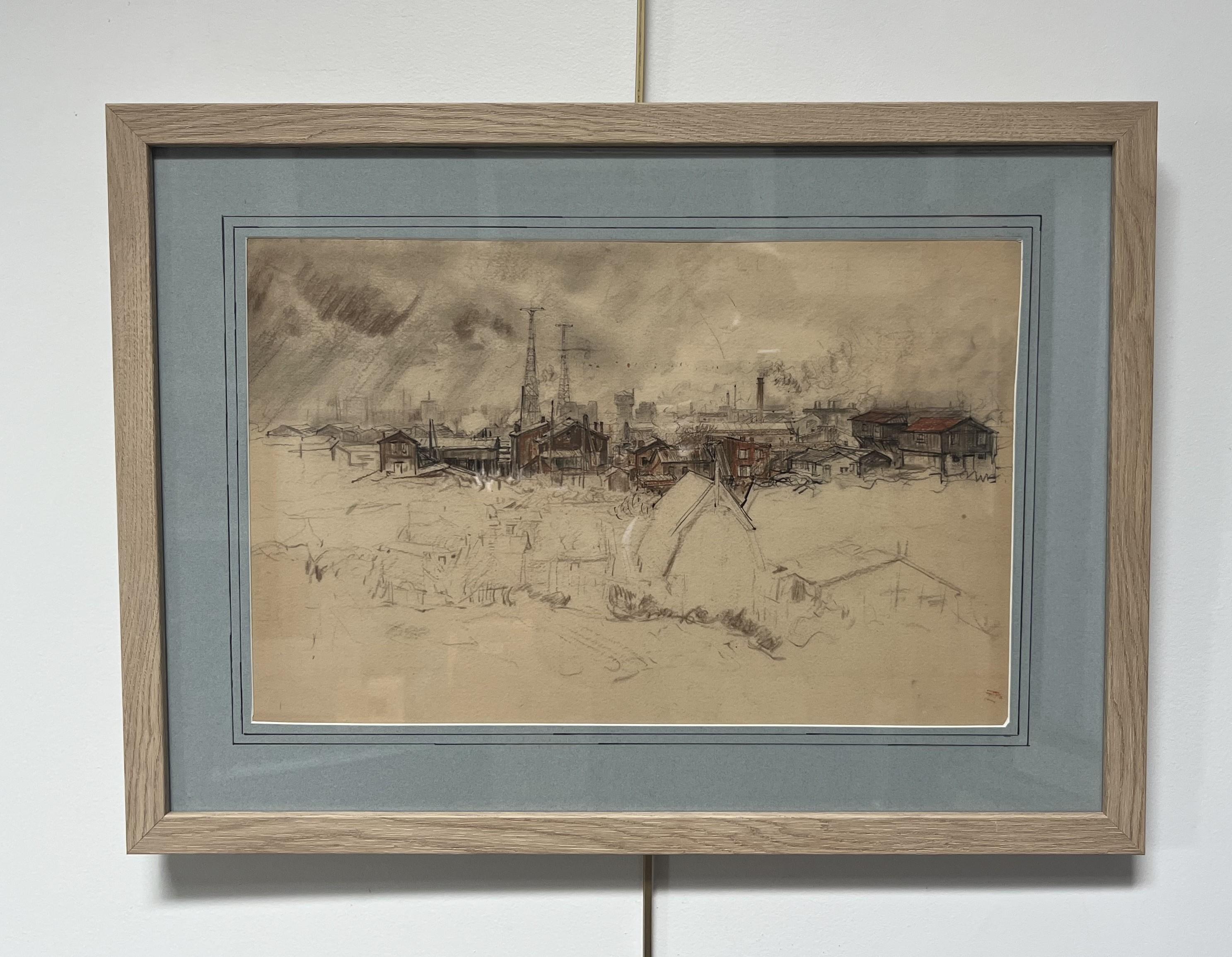 Charles Jouas (1866-1942) A Suburban landscape, color pencil drawing For Sale 4
