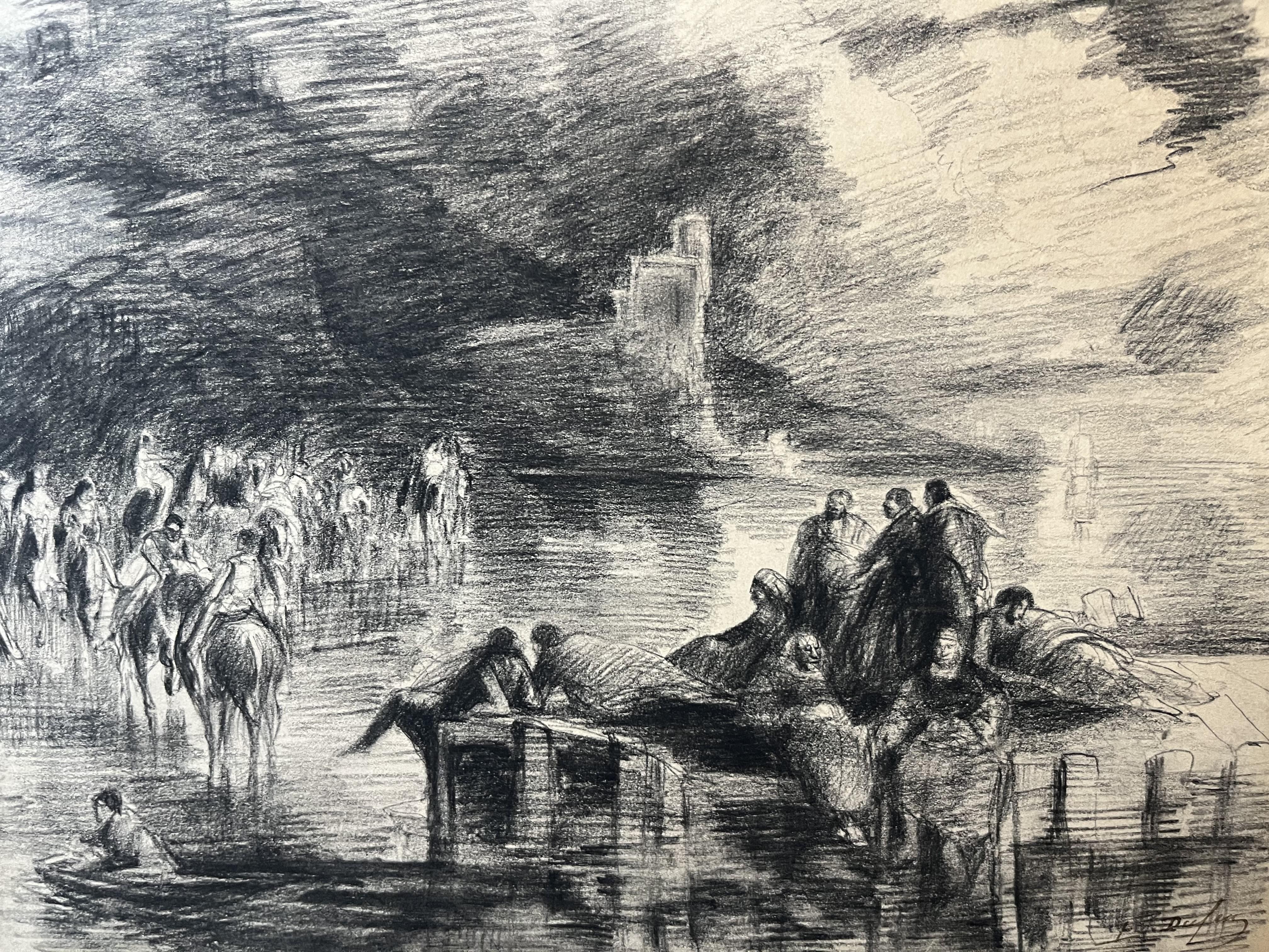 Edouard Dufeu (1836-1900)  Eine phantastische Szene am See, signierte Zeichnung