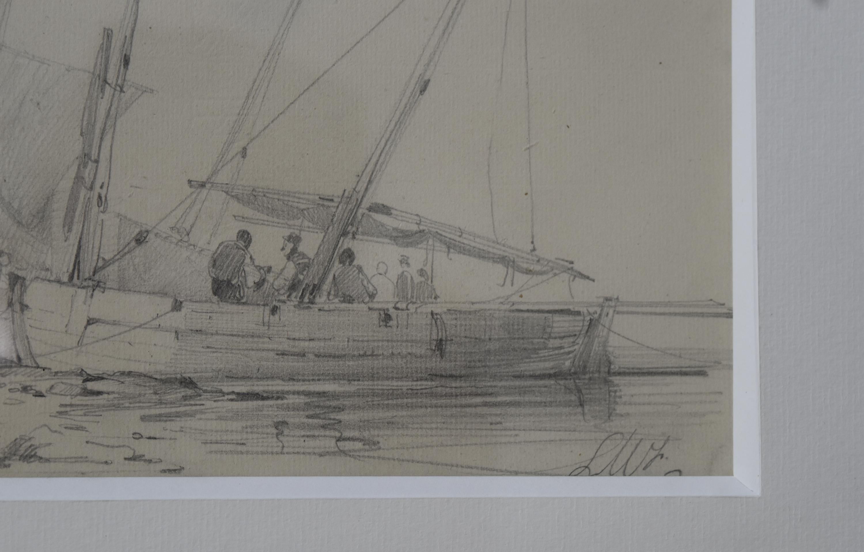 French school 19th century, Animation around a sailing boat drawing signed - Romantic Art by Unknown