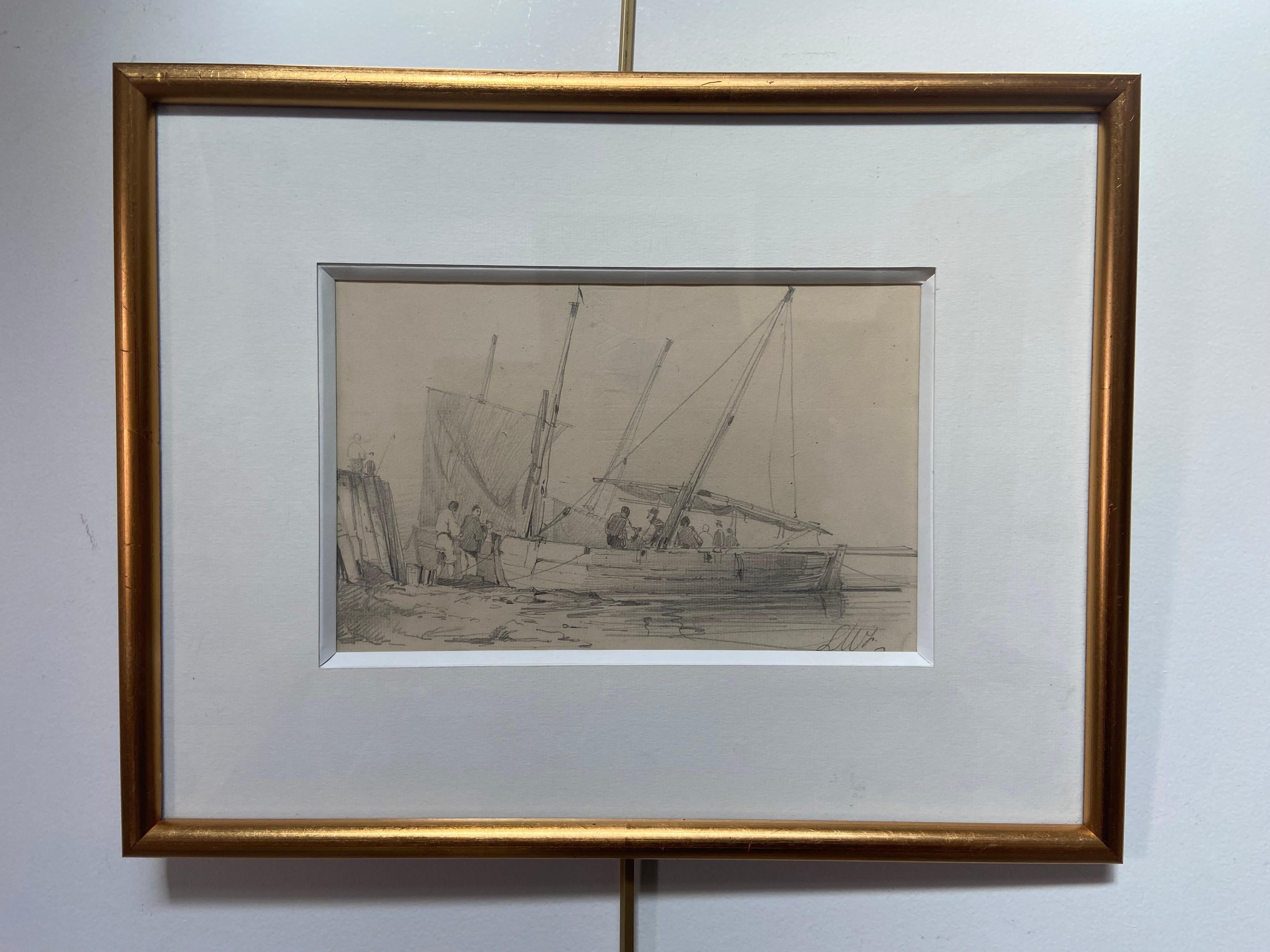 French school 19th century, Animation around a sailing boat drawing signed - Art by Unknown
