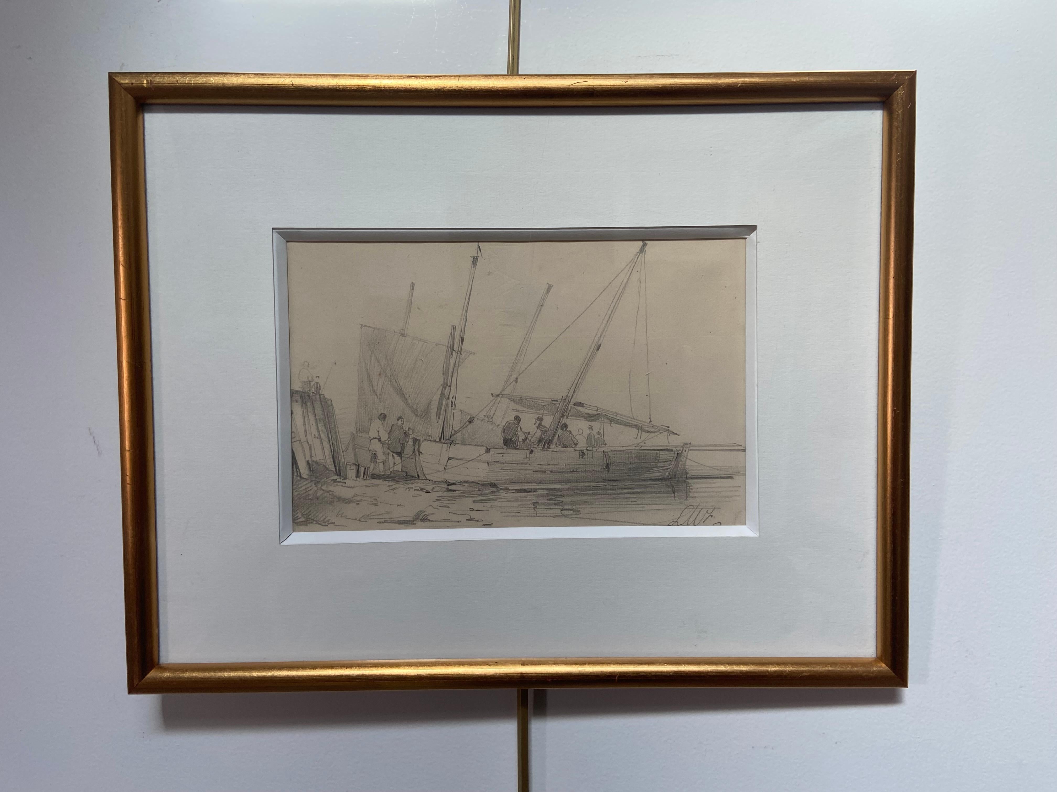 French school 19th century, Animation around a sailing boat drawing signed - Gray Figurative Art by Unknown