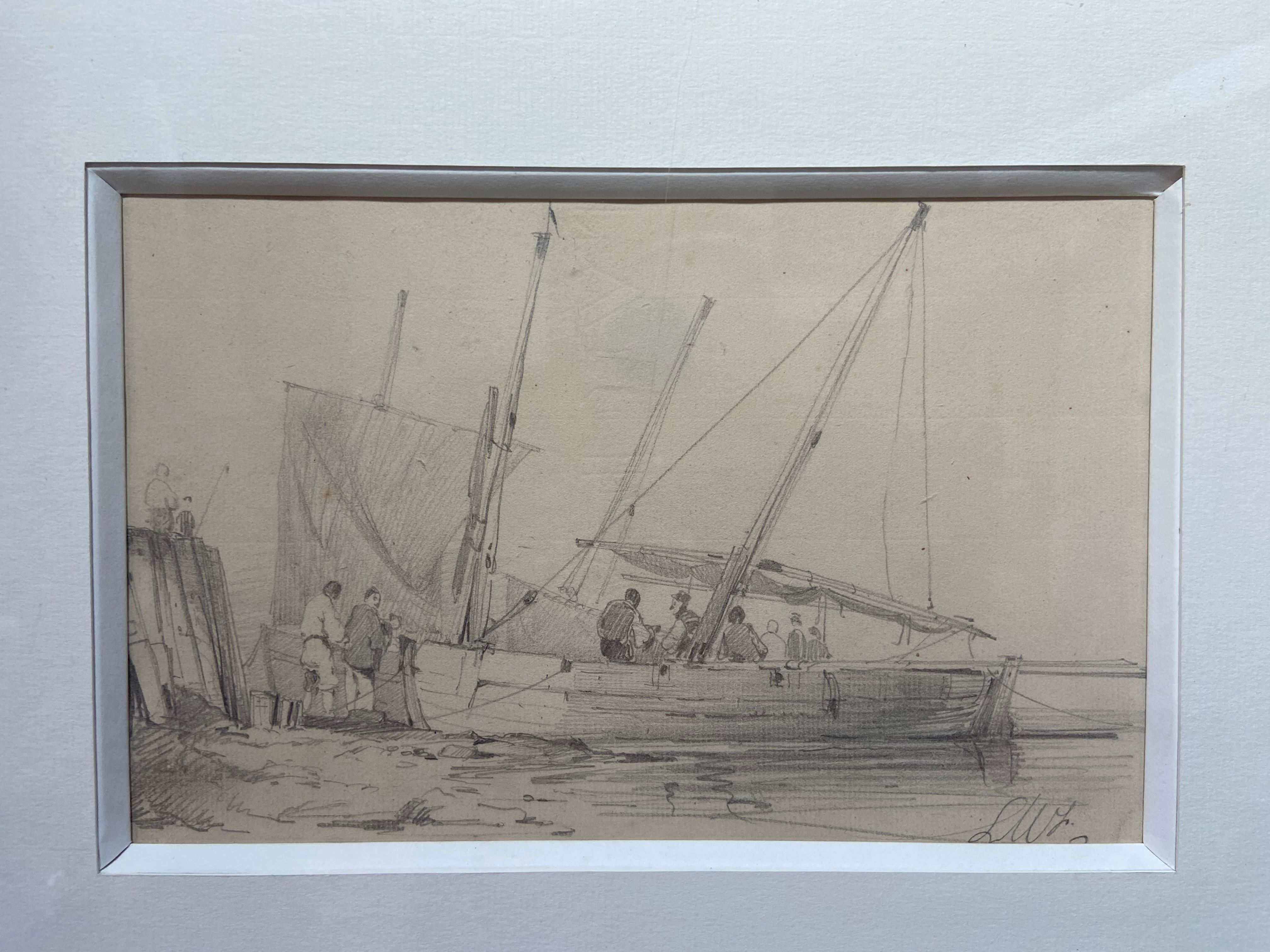French school of the nineteenth century, LW (?) 
A Port scene,  animation around a sailing boat
Pencil on paper Signed LW (?) Bottom right 
13 x 20.5 cm
Framed : 27 x 34.5 cm

This beautiful drawing is highly characteristic of the first half of the